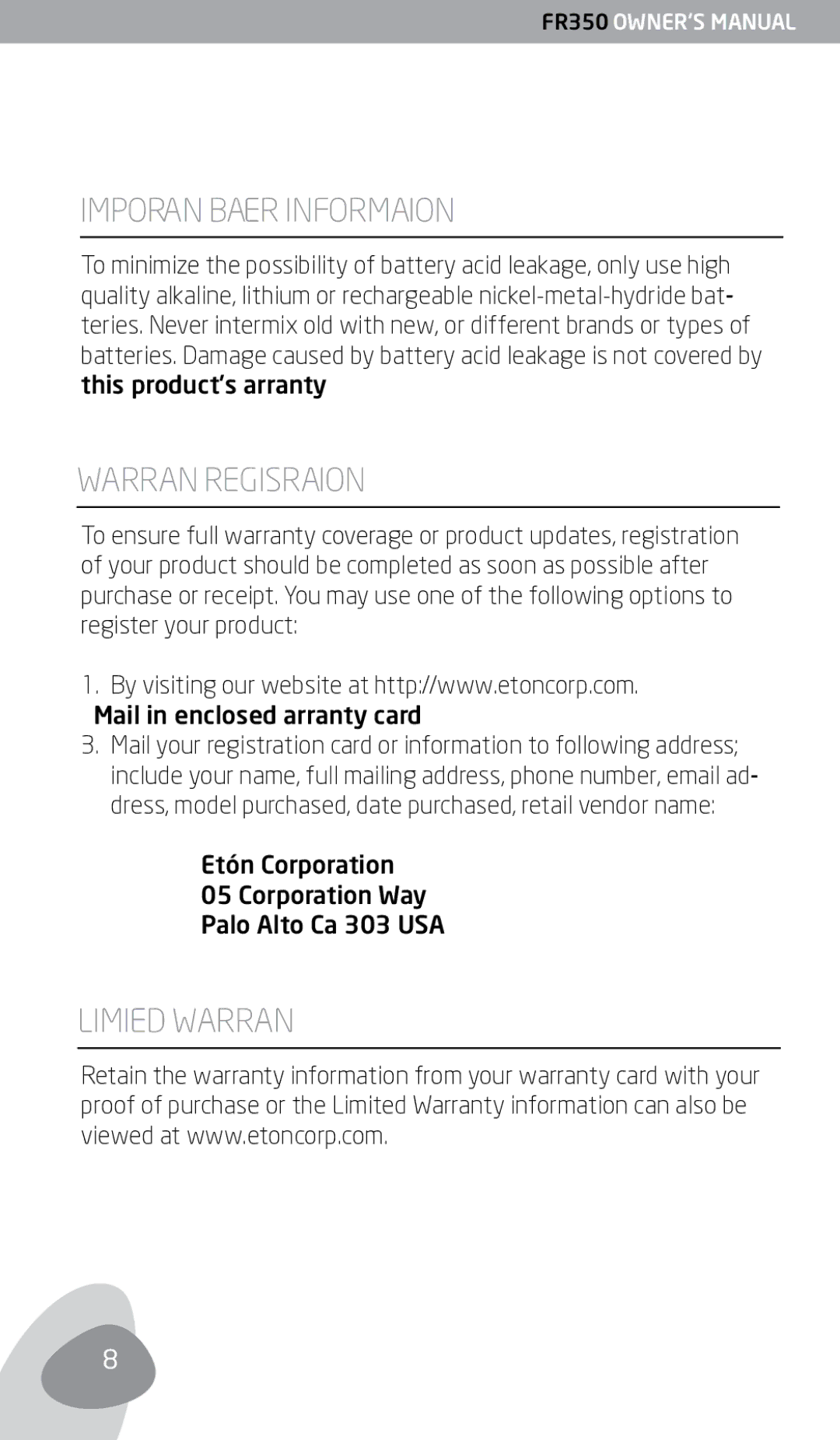 Eton FR350 owner manual Important Battery Information, Warranty Registration, Limited Warranty 