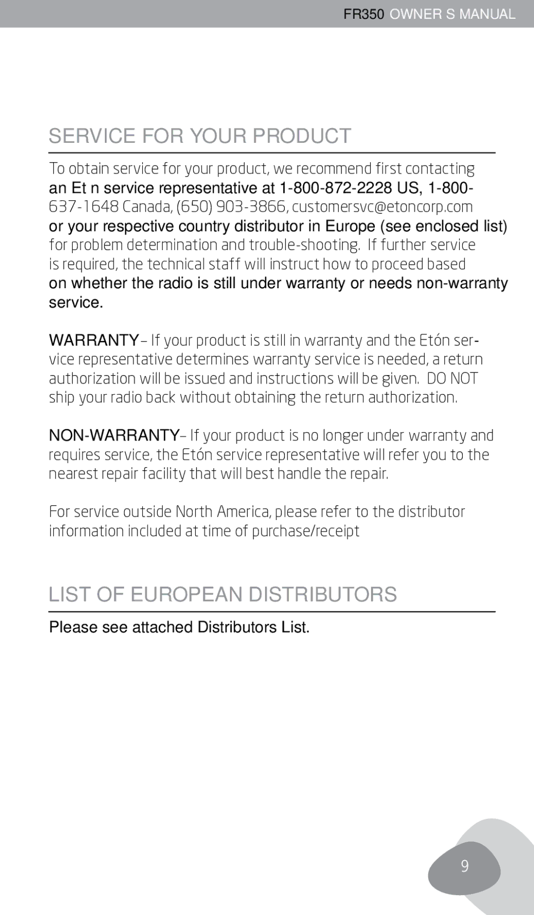 Eton FR350 owner manual Service for Your Product, List of European Distributors, Please see attached Distributors List 