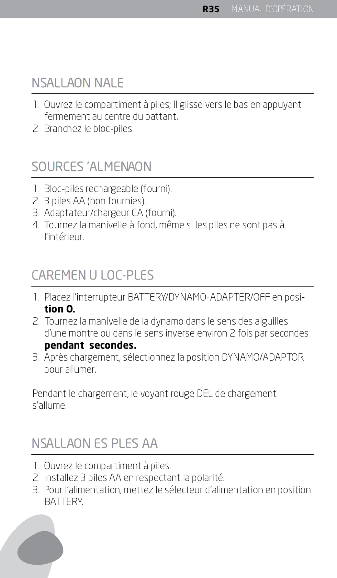 Eton FR350 owner manual Installation Initiale, Sources D’ALIMENTATION, Chargement DU BLOC-PILES, Installation DES Piles AA 