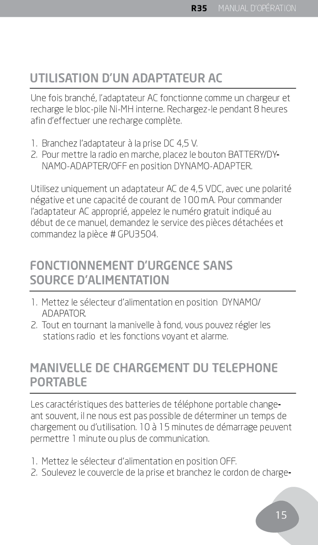 Eton FR350 owner manual Utilisation D’UN Adaptateur AC, Fonctionnement D’URGENCE Sans Source D’ALIMENTATION 