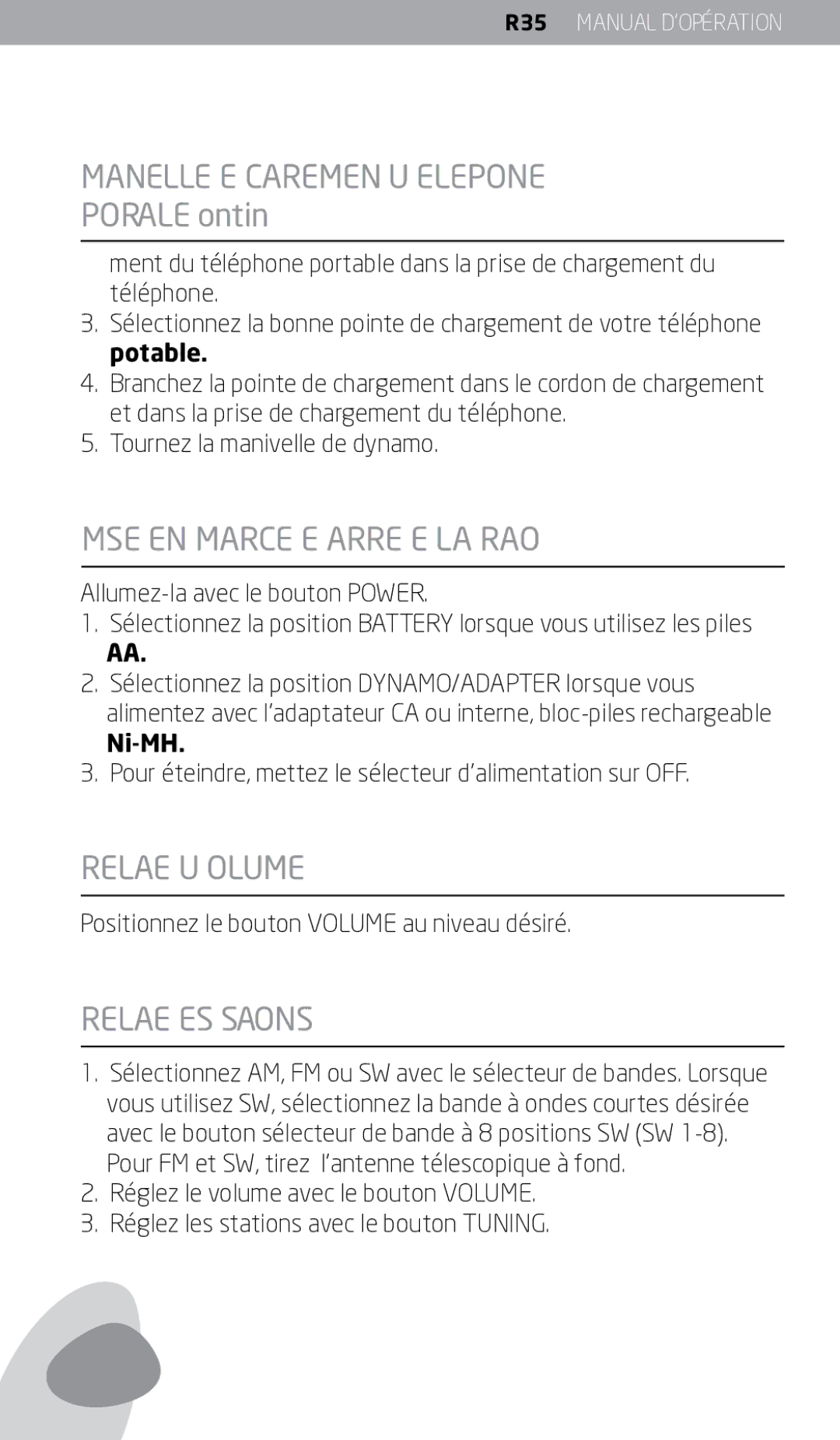 Eton FR350 Manivelle DE Chargement DU Telephone Portable continué, Mise EN Marche ET Arret DE LA Radio, Reglage DU Volume 