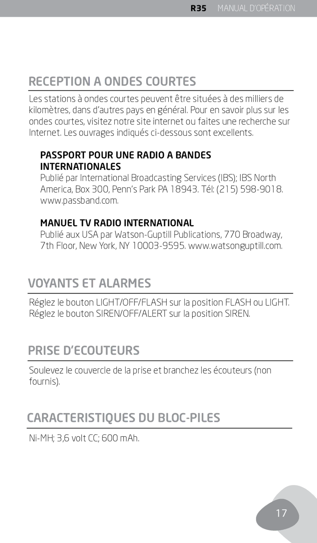 Eton FR350 owner manual Reception a Ondes Courtes, Voyants ET Alarmes, Prise D’ECOUTEURS, Caracteristiques DU BLOC-PILES 