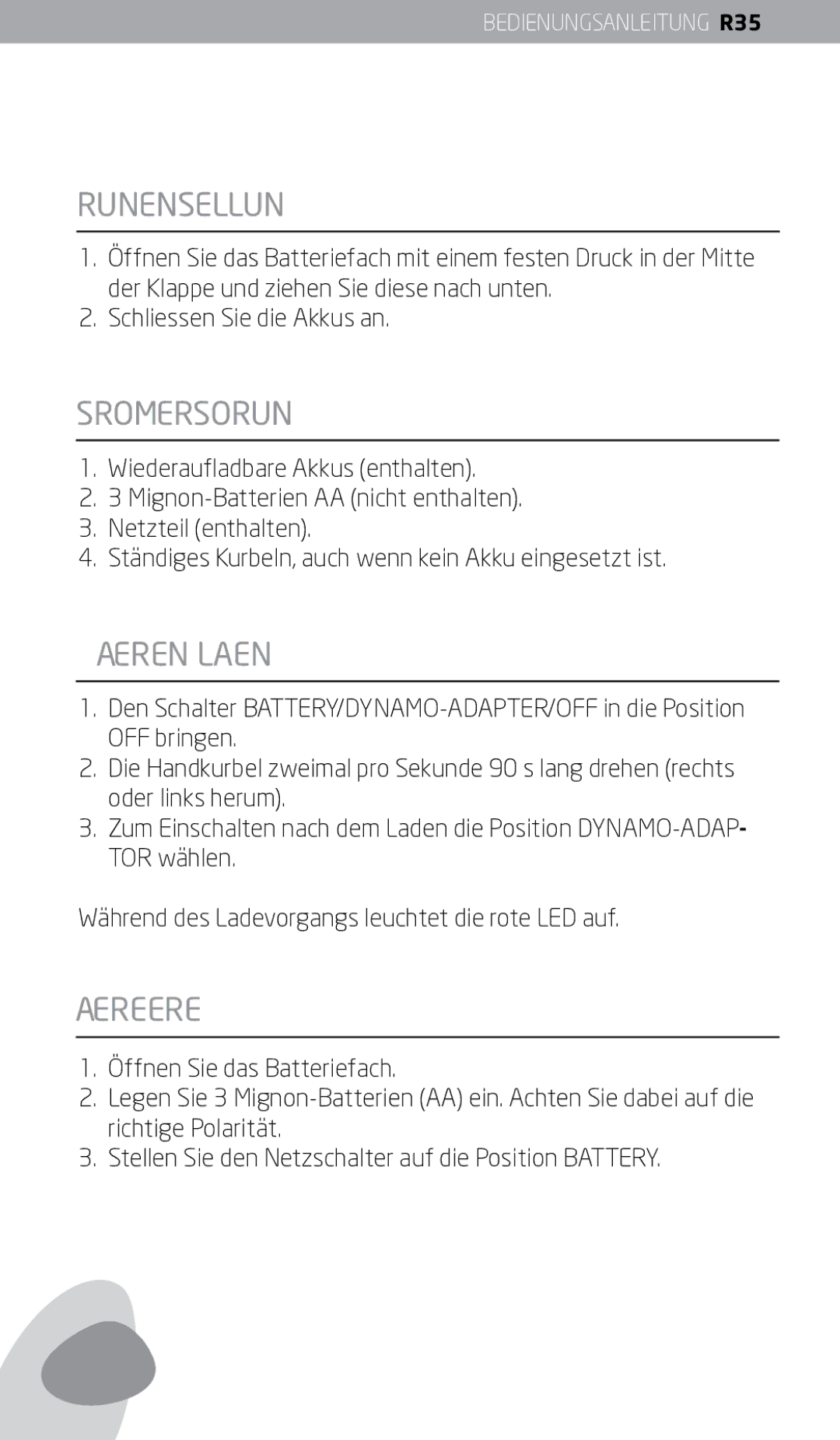 Eton FR350 owner manual Grundeinstellung, Stromversorgung, Batterien laden, Batteriebetrieb 