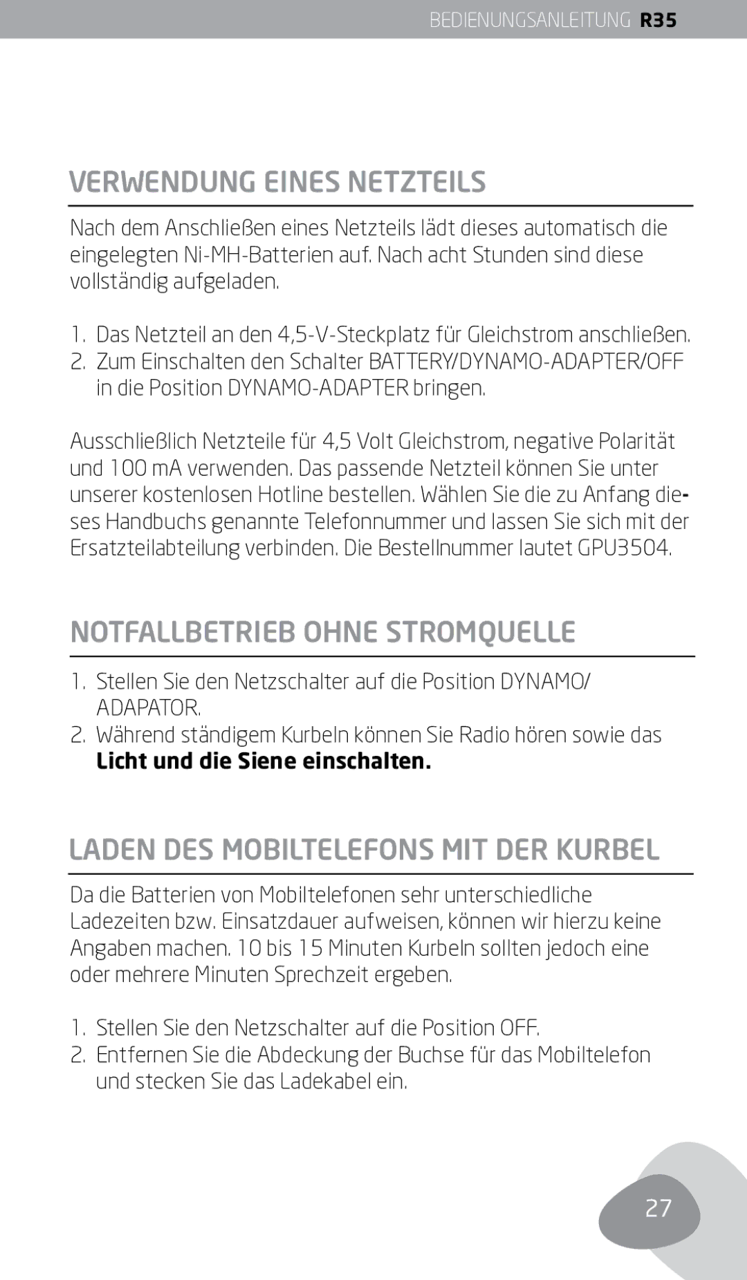 Eton FR350 owner manual Verwendung eines Netzteils, Notfallbetrieb Ohne Stromquelle, Laden DES Mobiltelefons MIT DER Kurbel 