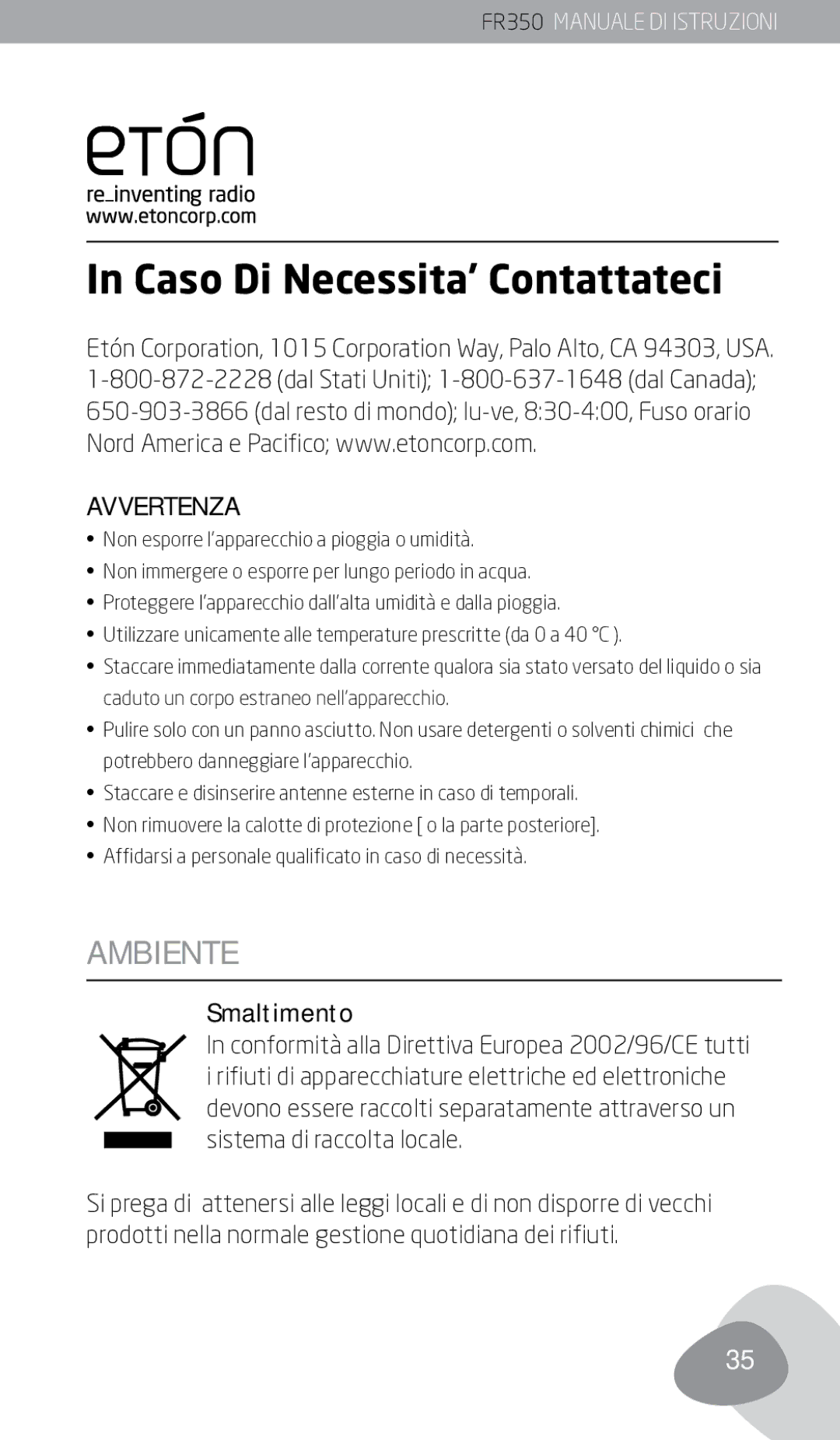 Eton FR350 owner manual Ambiente, Smaltimento 