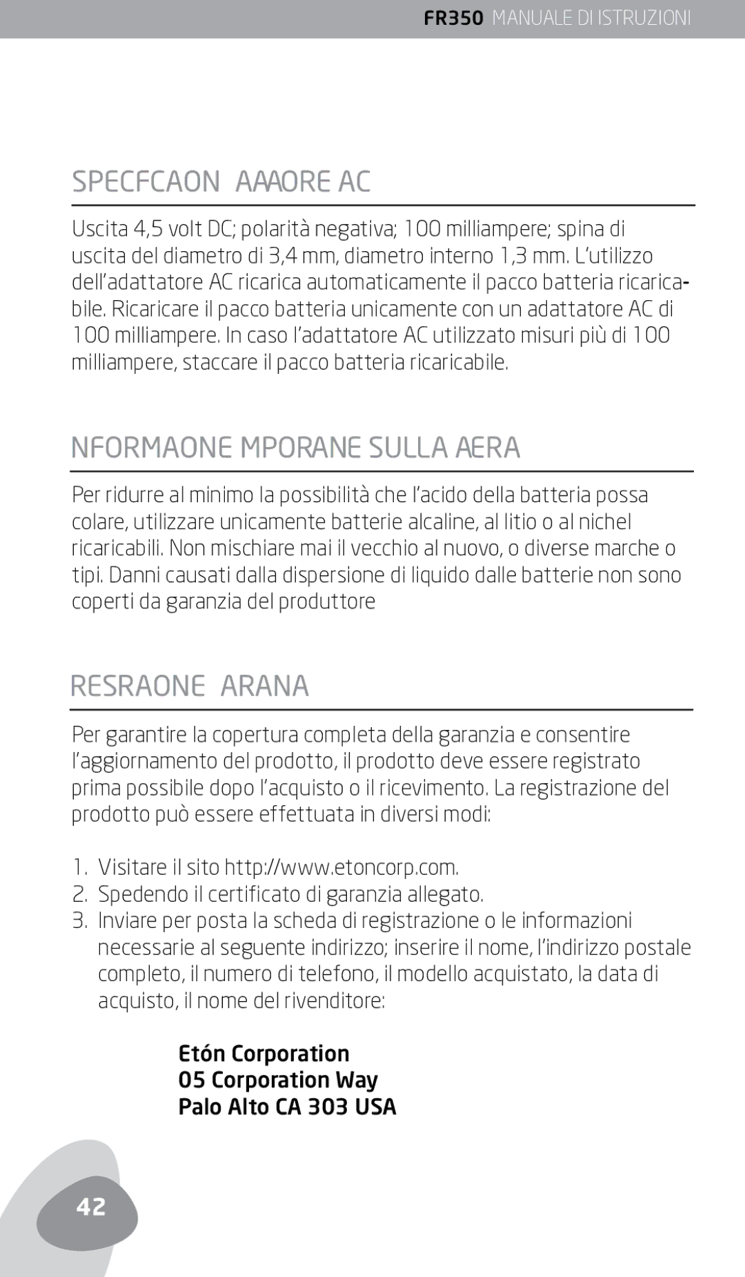 Eton FR350 owner manual Specificazioni Adattatore AC, Informazione Importante Sulla Batteria, Registrazione DI Garanzia 