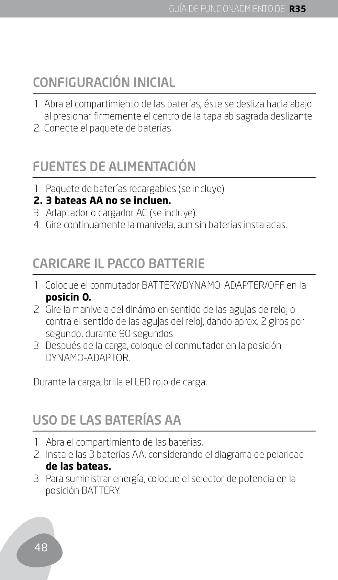 Eton FR350 owner manual Configuración Inicial, Fuentes DE Alimentación, USO DE LAS Baterías AA 