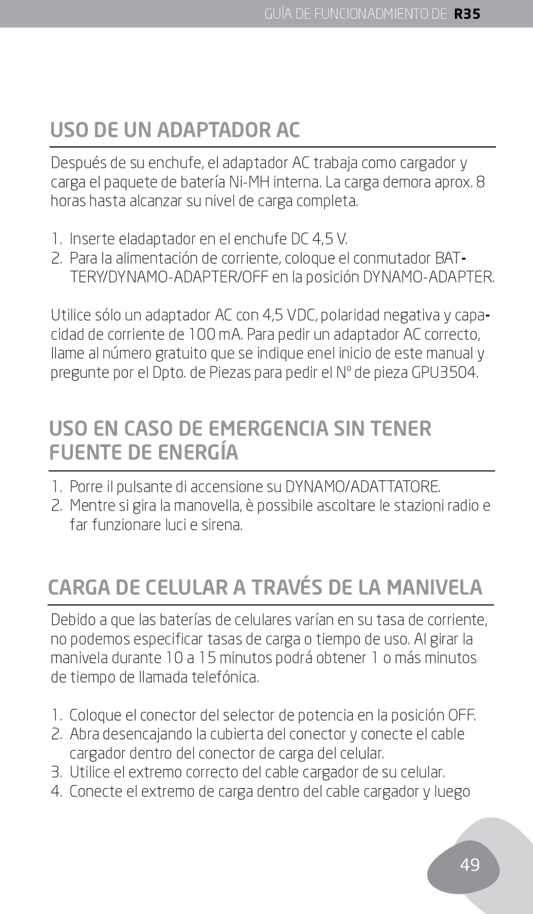 Eton FR350 owner manual USO DE UN Adaptador AC, USO EN Caso DE Emergencia SIN Tener Fuente DE Energía 