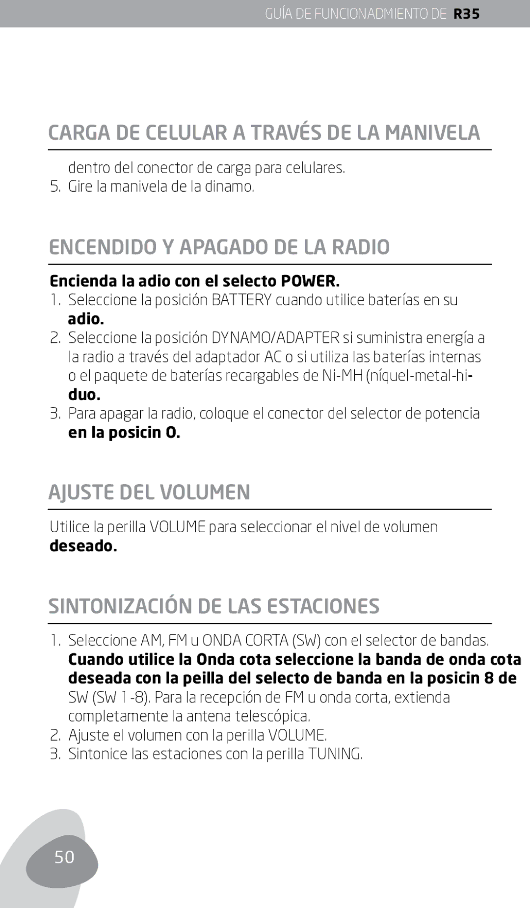 Eton FR350 owner manual Encendido Y Apagado DE LA Radio, Ajuste DEL Volumen, Sintonización DE LAS Estaciones 