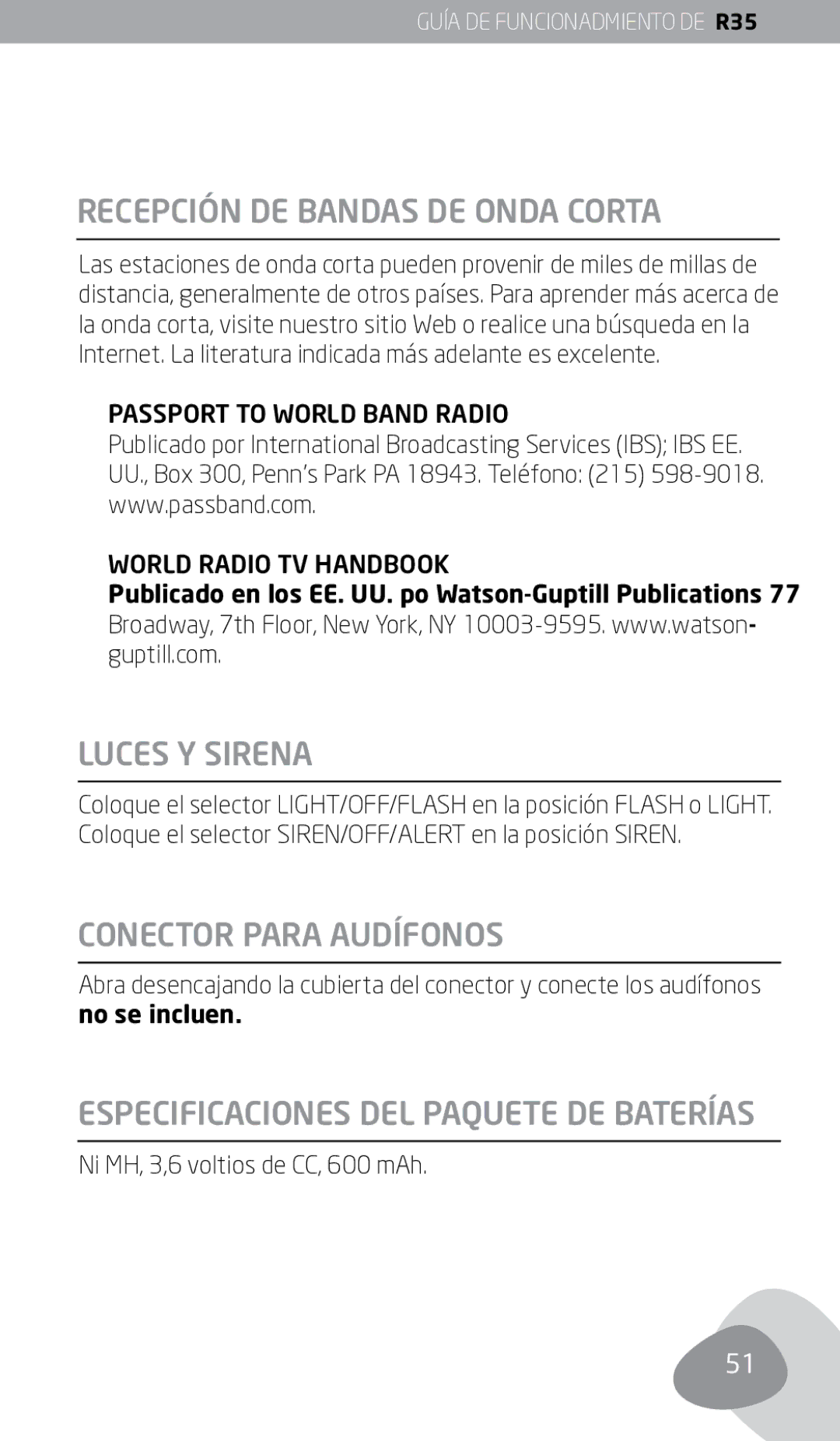 Eton FR350 Recepción DE Bandas DE Onda Corta, Luces Y Sirena, Conector Para Audífonos, Ni MH, 3,6 voltios de CC, 600 mAh 