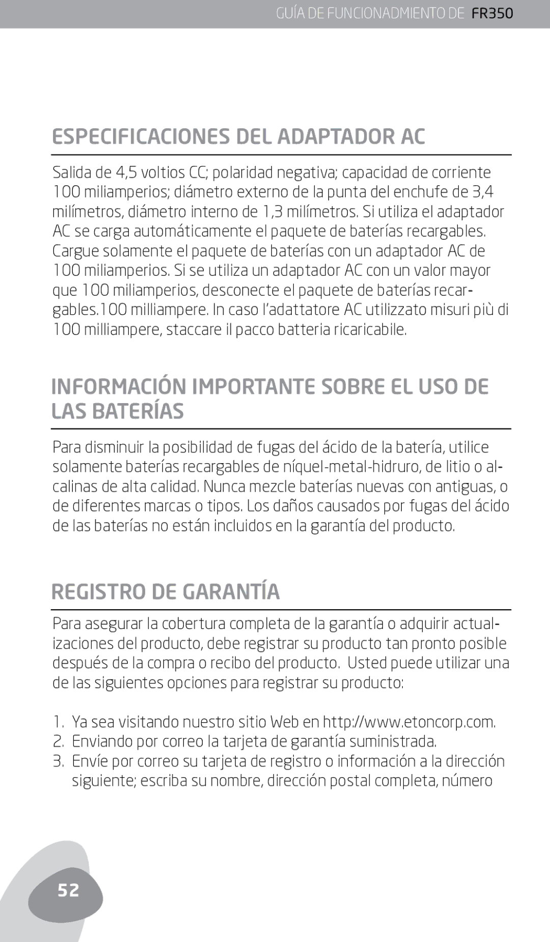 Eton FR350 Especificaciones DEL Adaptador AC, Información Importante Sobre EL USO DE LAS Baterías, Registro DE Garantía 