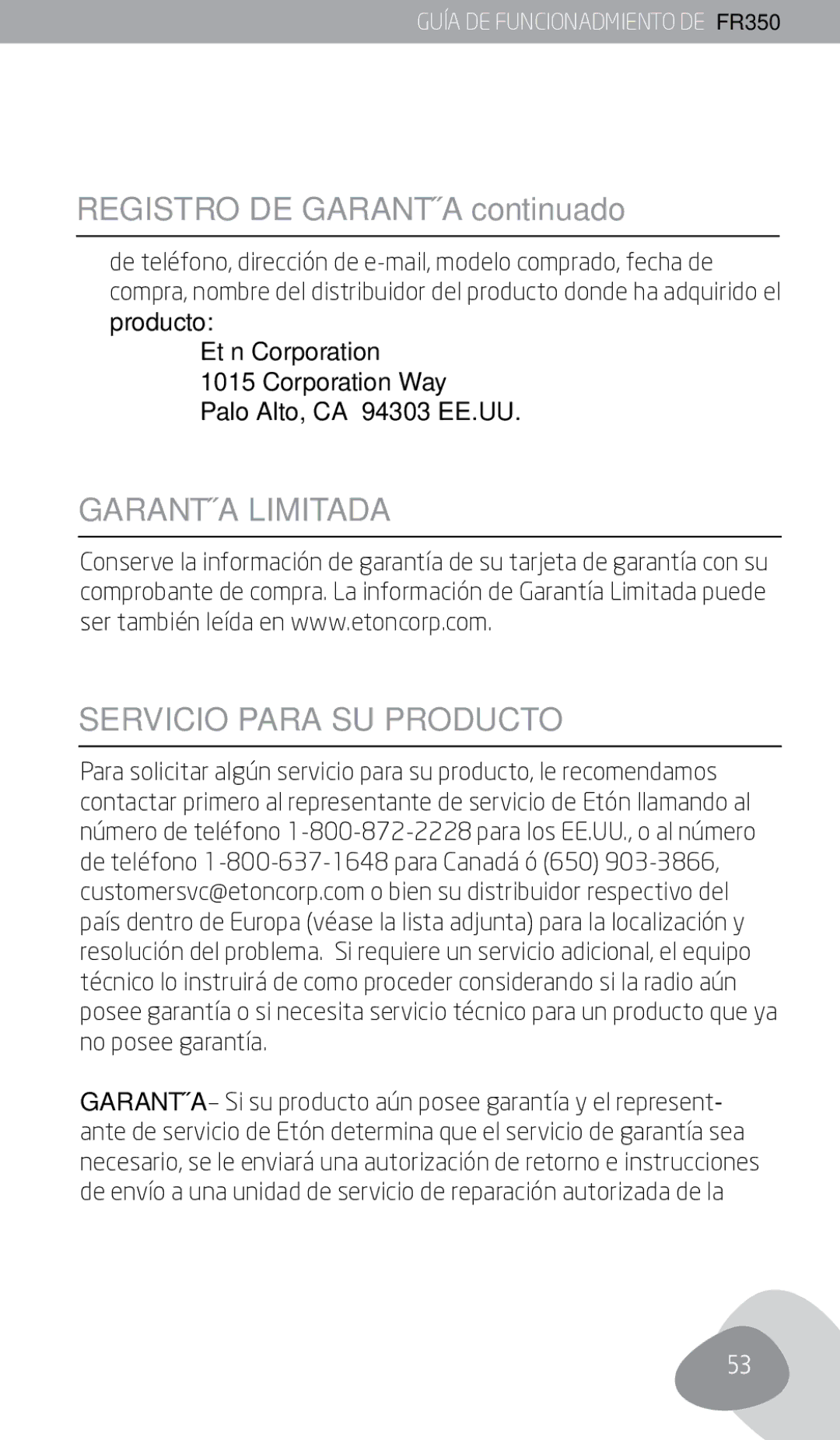 Eton FR350 owner manual Registro DE Garantía continuado, Garantía Limitada Servicio Para SU Producto 