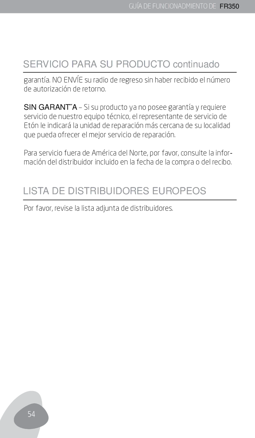 Eton FR350 owner manual Servicio Para SU Producto continuado, Lista DE Distribuidores Europeos 