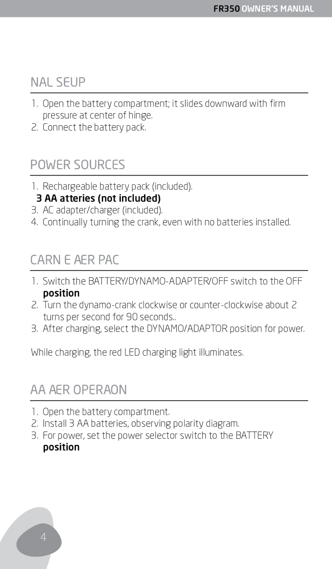 Eton FR350 owner manual Initial Setup, Power Sources, Charging the Battery Pack, AA Battery Operation 