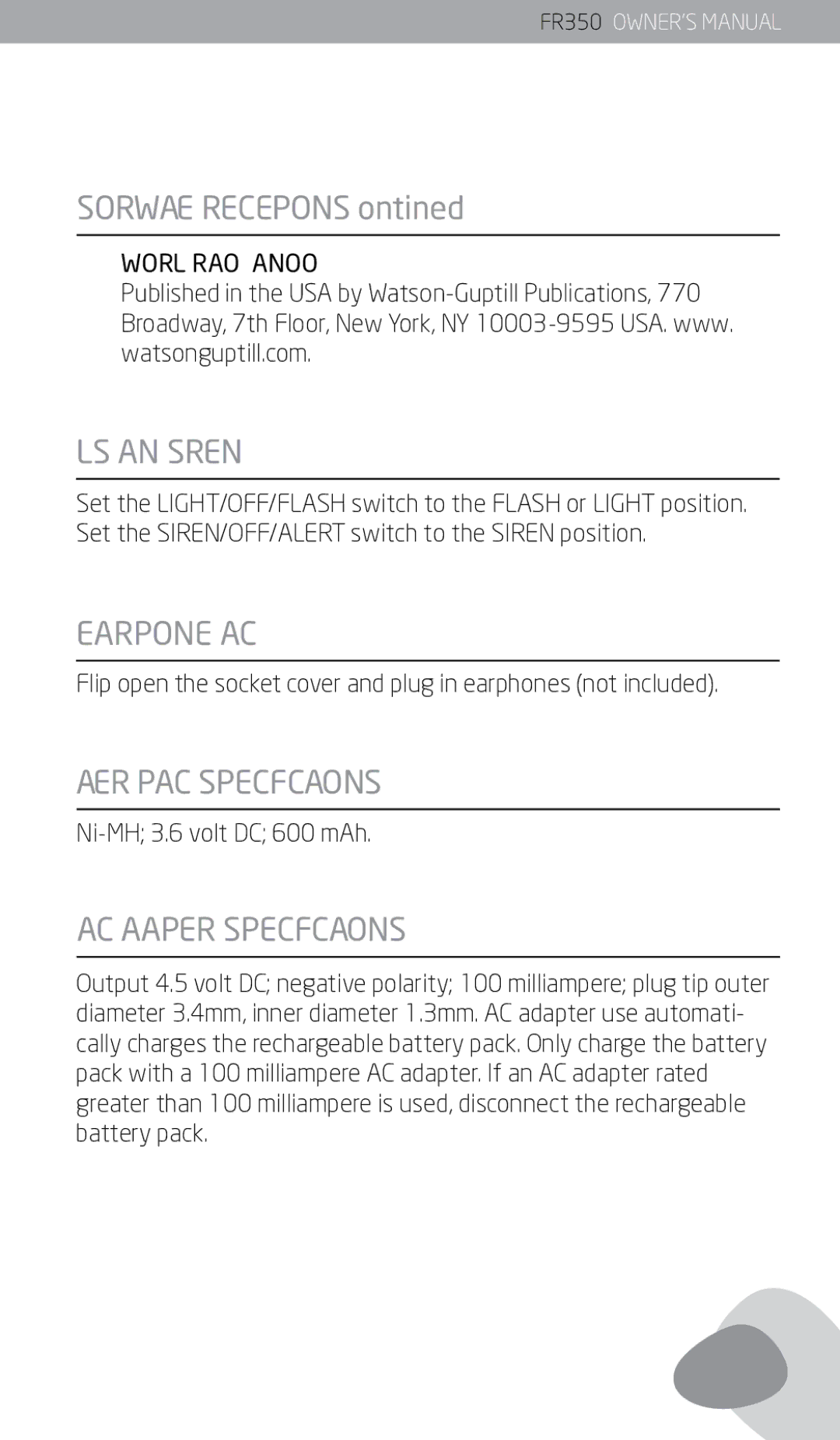 Eton FR350 Shortwave Receptions, Lights and Siren, Earphone Jack, Battery Pack Specifications, AC Adapter Specifications 