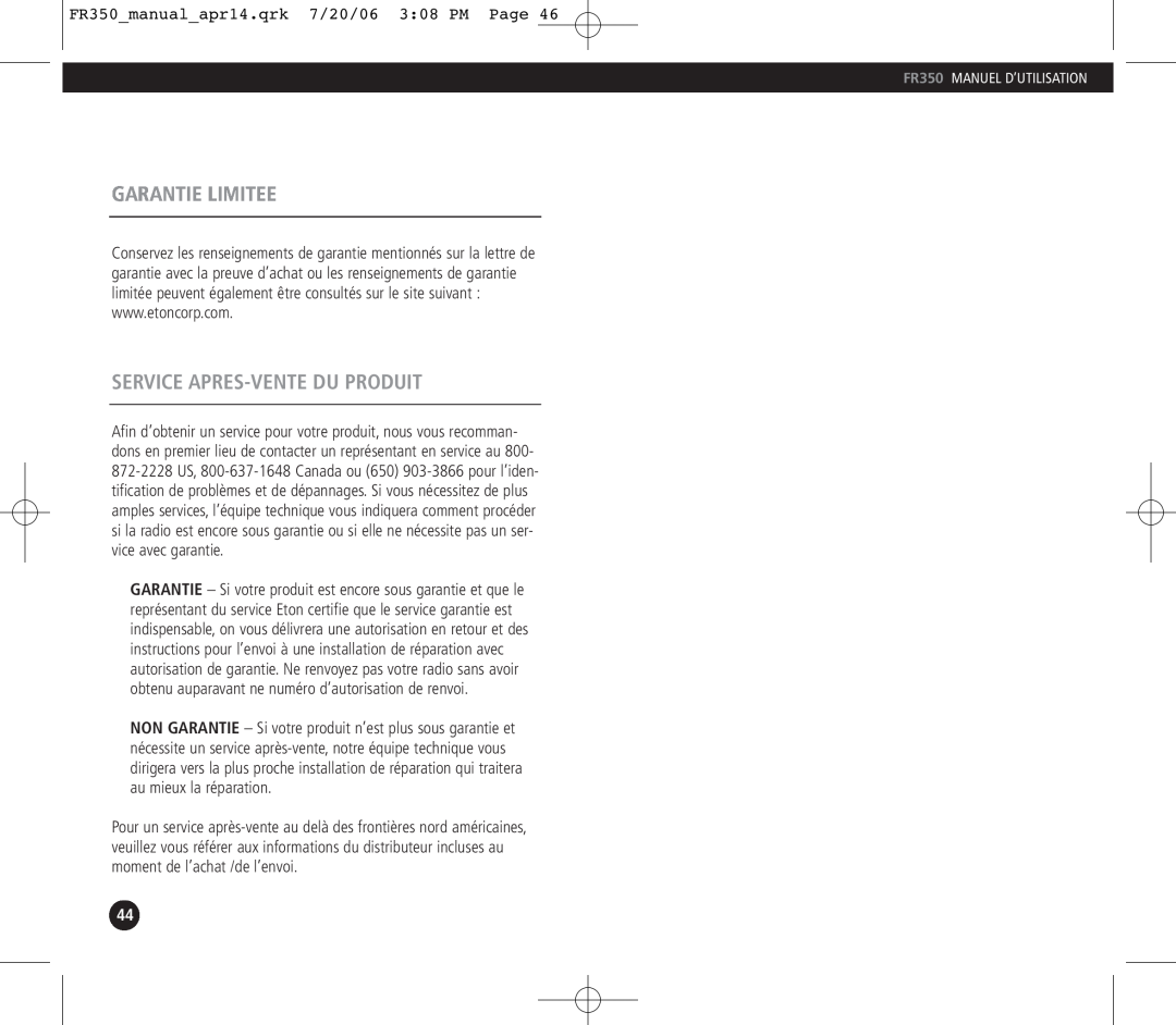 Eton operation manual Garantie Limitee, Service Apres-Ventedu Produit, FR350 manual apr14.qrk 7/20/06 3 08 PM Page 