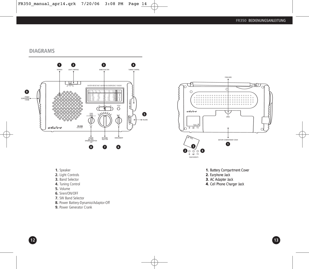 Eton Diagrams, FR350 manual apr14.qrk 7/20/06 3 08 PM Page, FR350 BEDIENUNGSANLEITUNG, Genterator, FR-350, Rear Sockets 