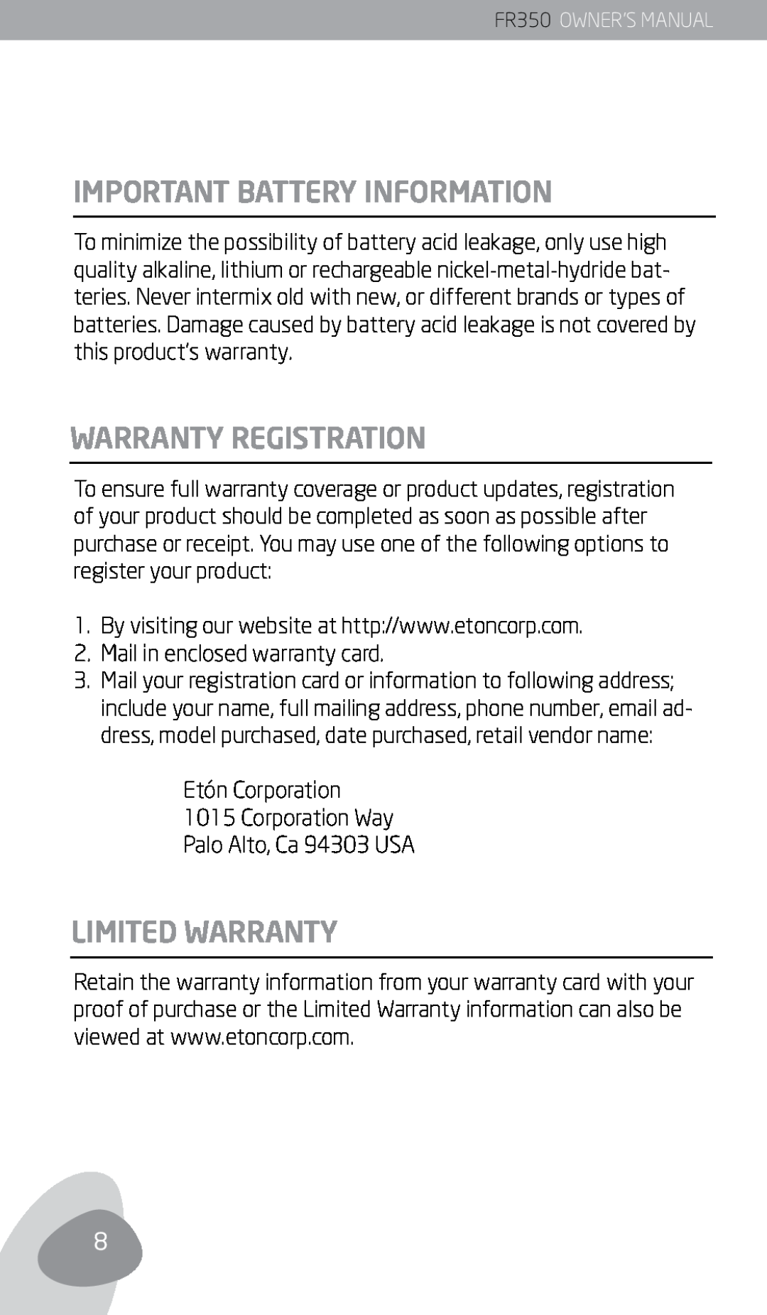 Eton FR350 owner manual Important Battery Information, Warranty Registration, Limited Warranty 