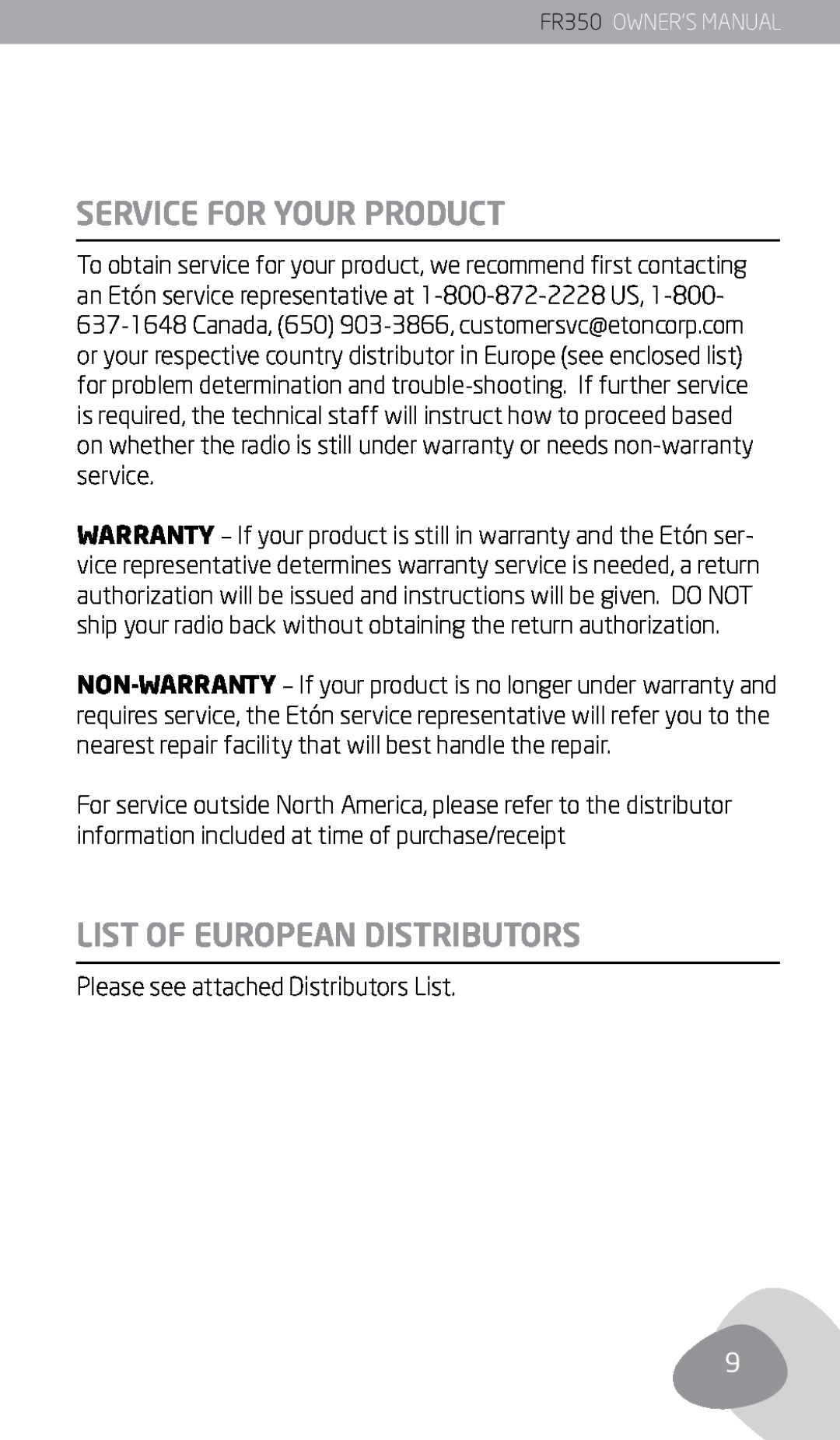 Eton FR350 owner manual Service For Your Product, List Of European Distributors, Please see attached Distributors List 