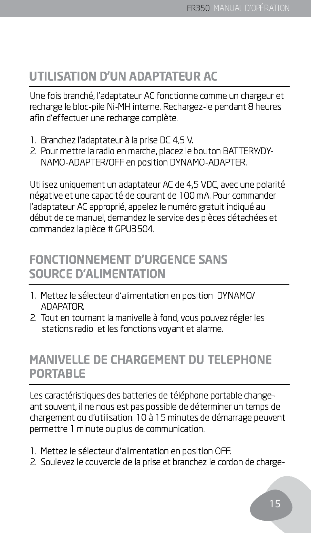 Eton FR350 owner manual Utilisation D’Un Adaptateur Ac, Manivelle De Chargement Du Telephone Portable 