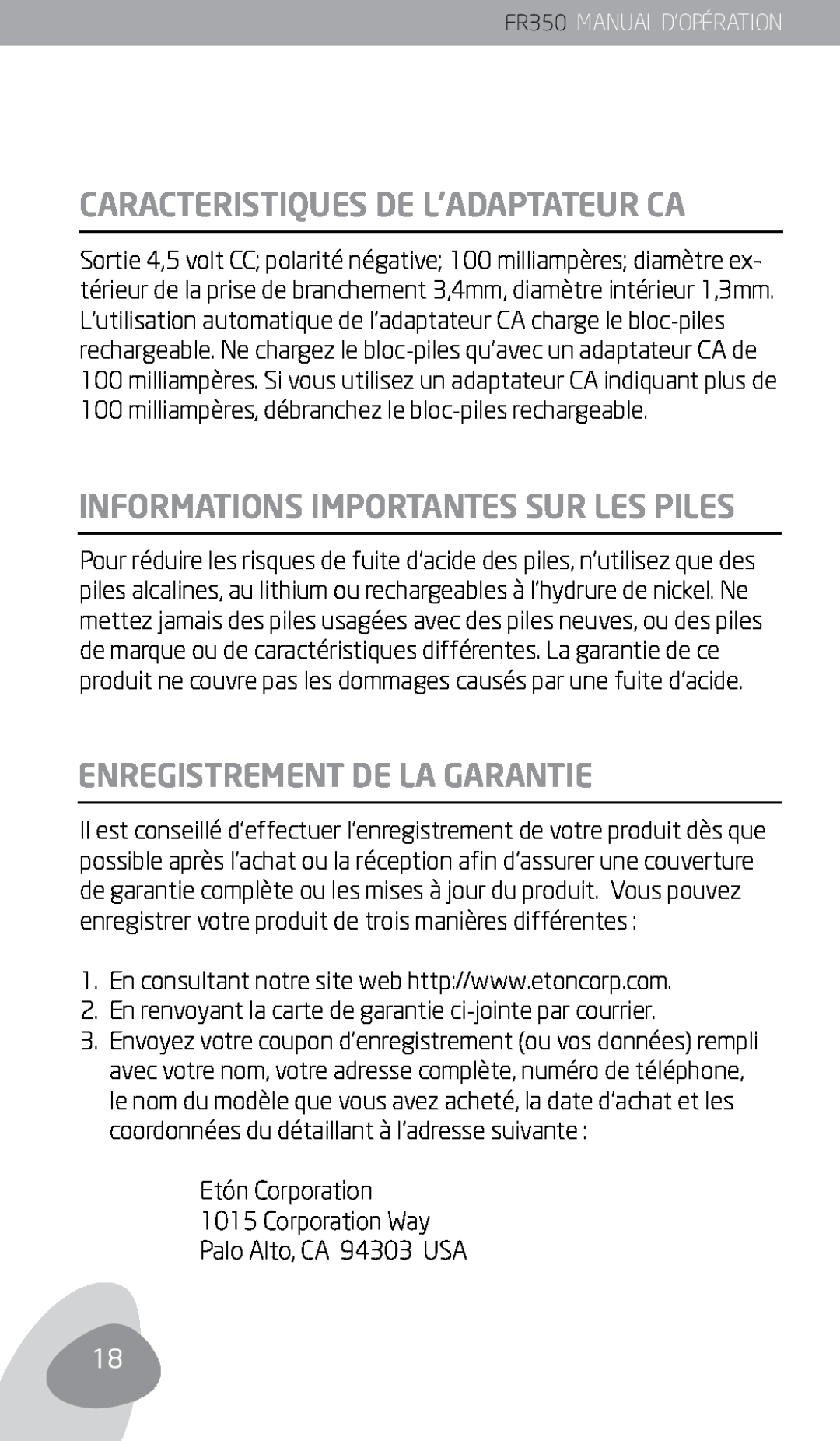Eton FR350 Caracteristiques De L’Adaptateur Ca, Informations Importantes Sur Les Piles, Enregistrement De La Garantie 
