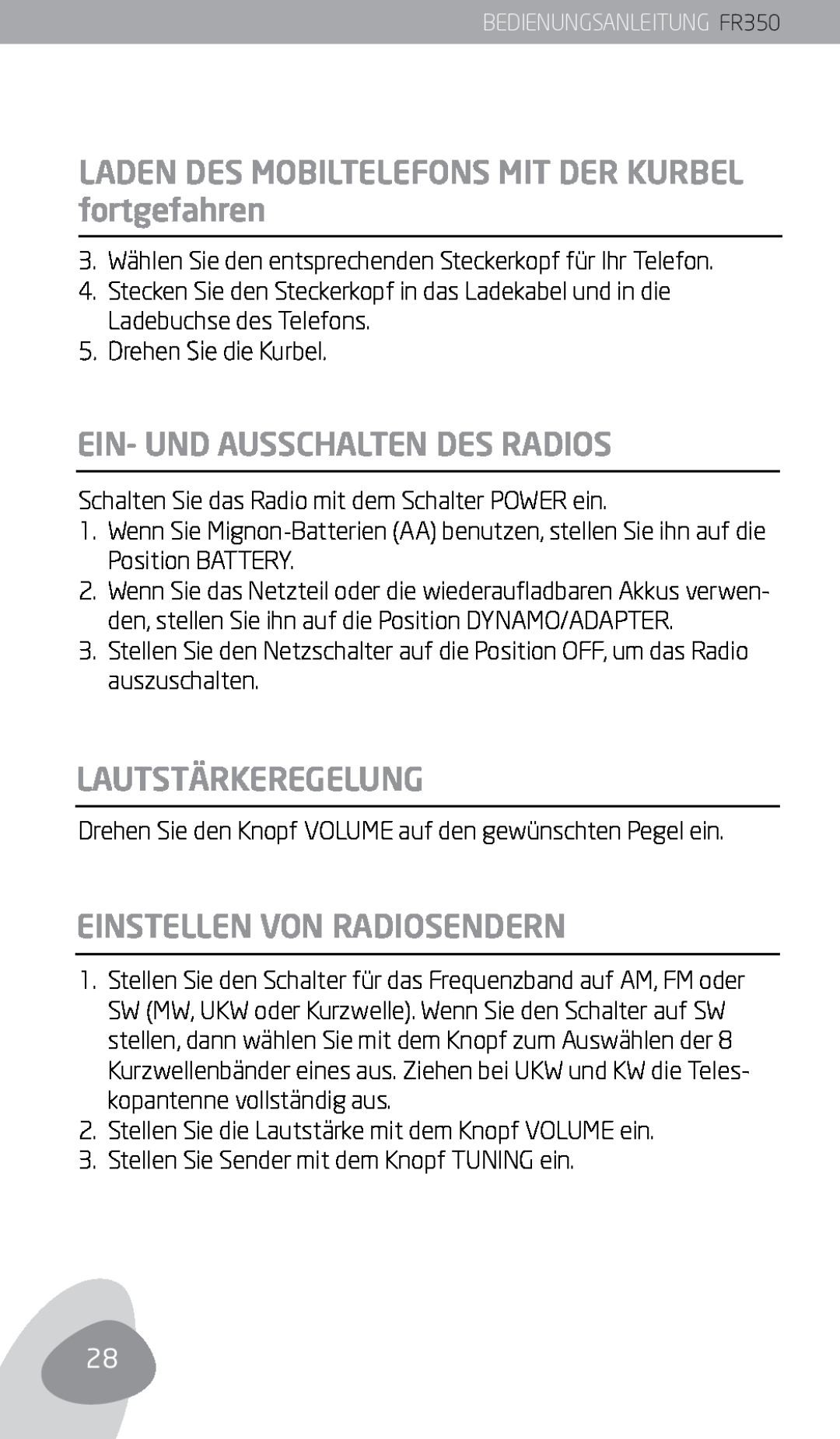Eton FR350 owner manual Ein- Und Ausschalten Des Radios, Lautstärkeregelung, Einstellen Von Radiosendern 