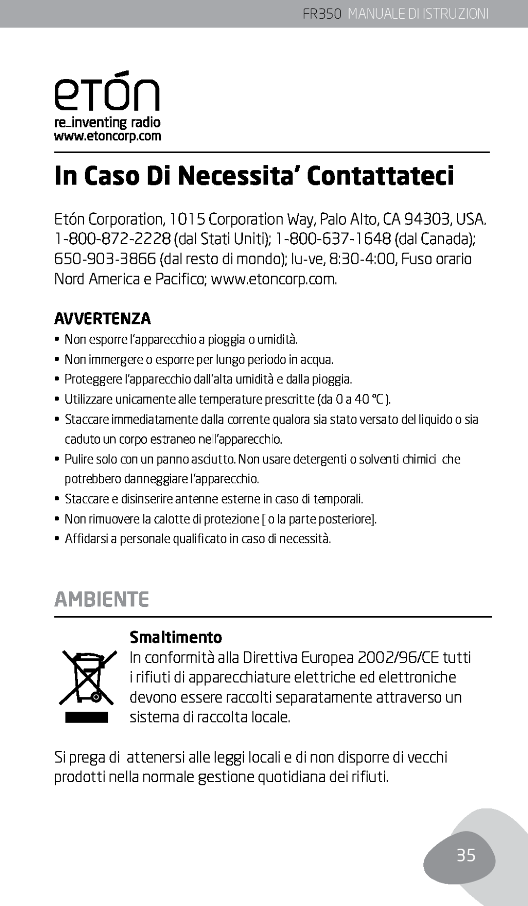Eton owner manual In Caso Di Necessita’ Contattateci, Ambiente, FR350 MANUALE DI ISTRUZIONI 