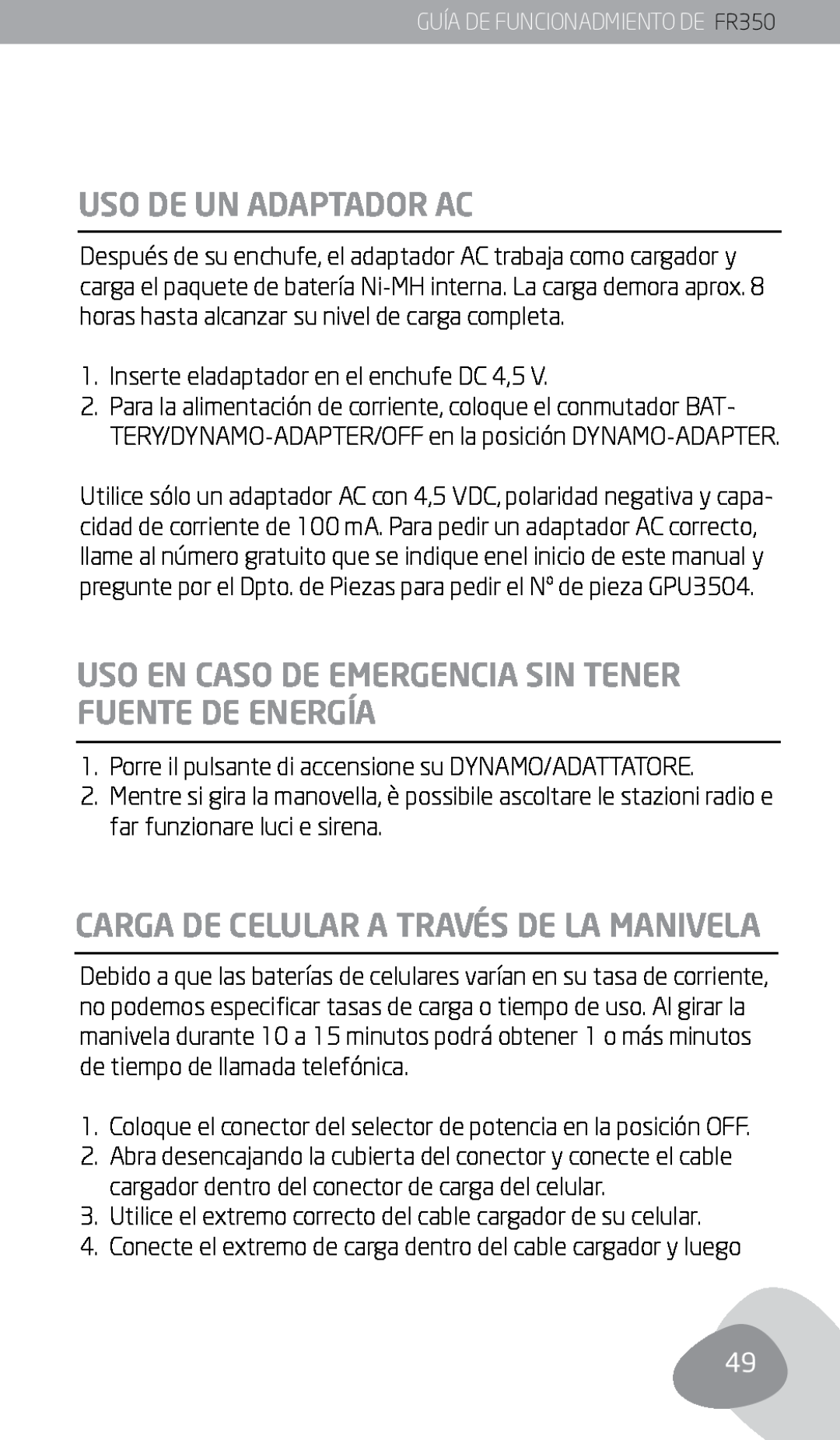 Eton FR350 owner manual Uso De Un Adaptador Ac, Carga De Celular A Través De La Manivela 