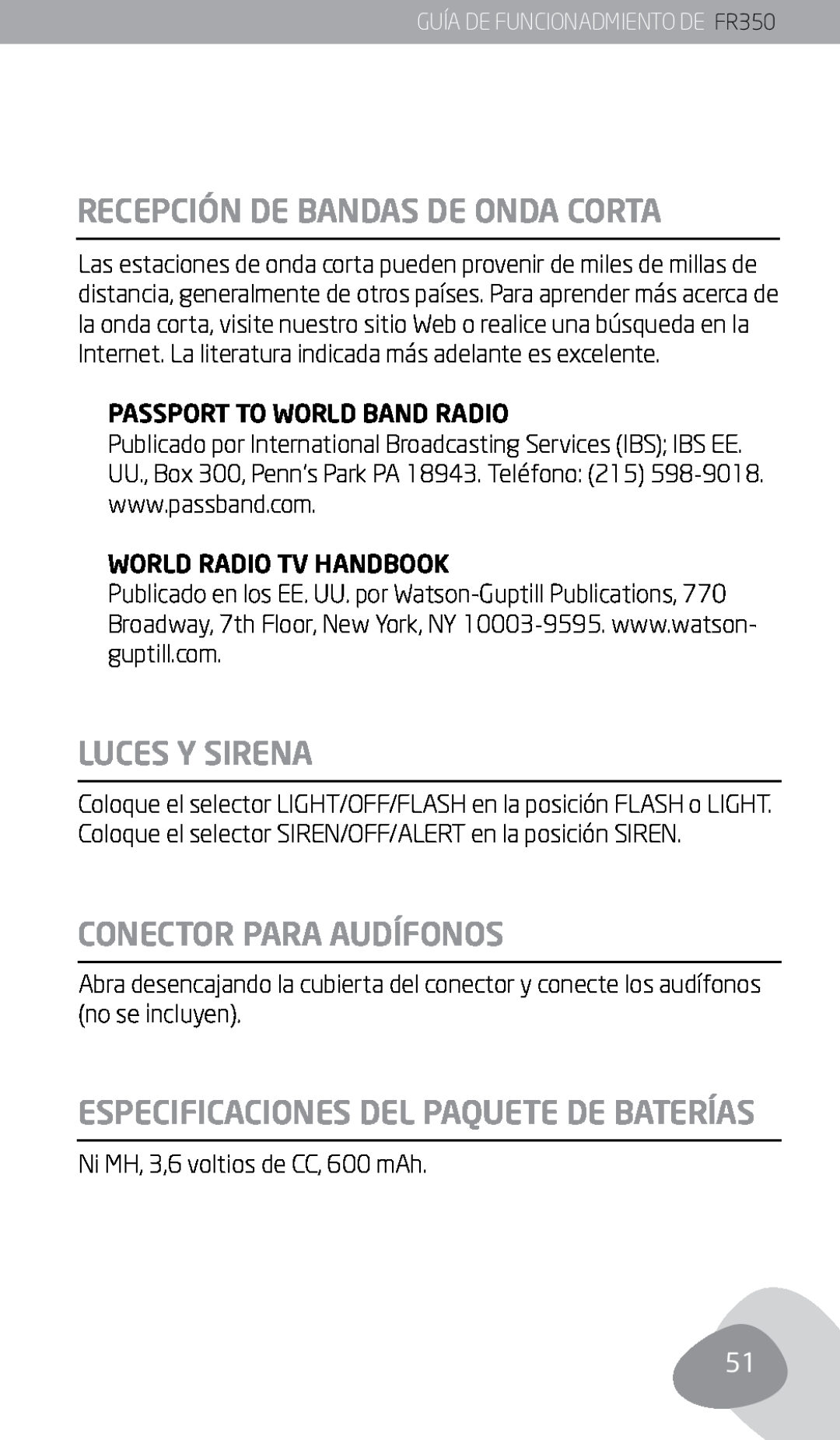 Eton FR350 owner manual Recepción De Bandas De Onda Corta, Luces Y Sirena, Conector Para Audífonos 