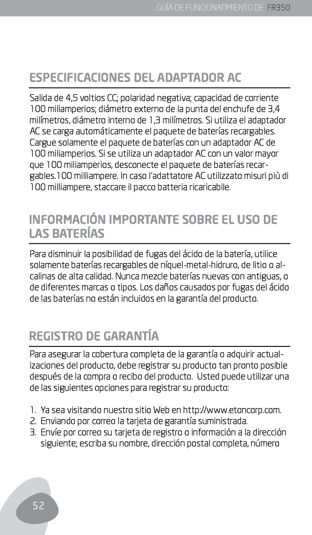 Eton owner manual Especificaciones Del Adaptador Ac, Registro De Garantía, GUÍA DE FUNCIONADMIENTO DE FR350 