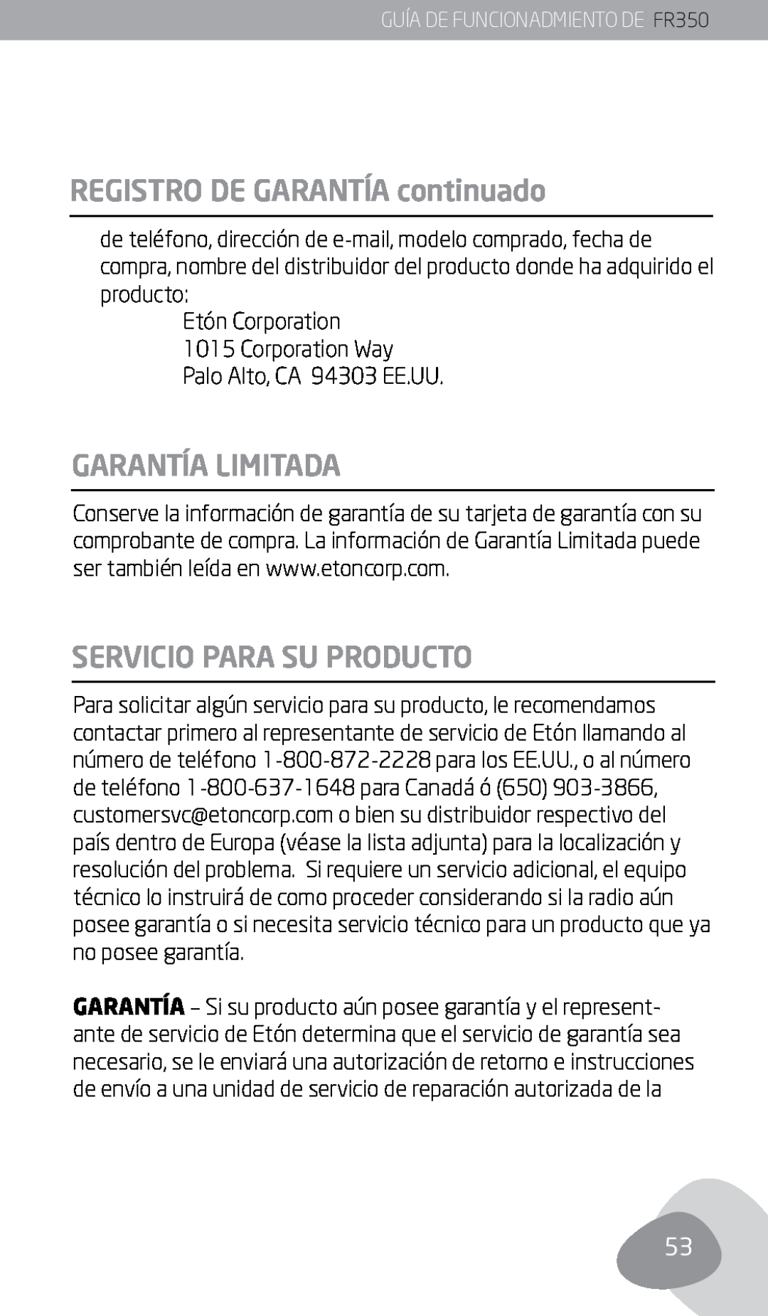Eton FR350 REGISTRO DE GARANTÍA continuado, Garantía Limitada, Servicio Para Su Producto, Palo Alto, CA 94303 EE.UU 