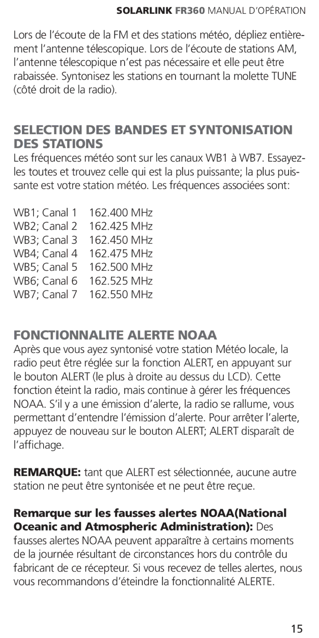 Eton ARCFR360WXW WHT, ARCFR360WXR RED owner manual Fonctionnalite Alerte Noaa 