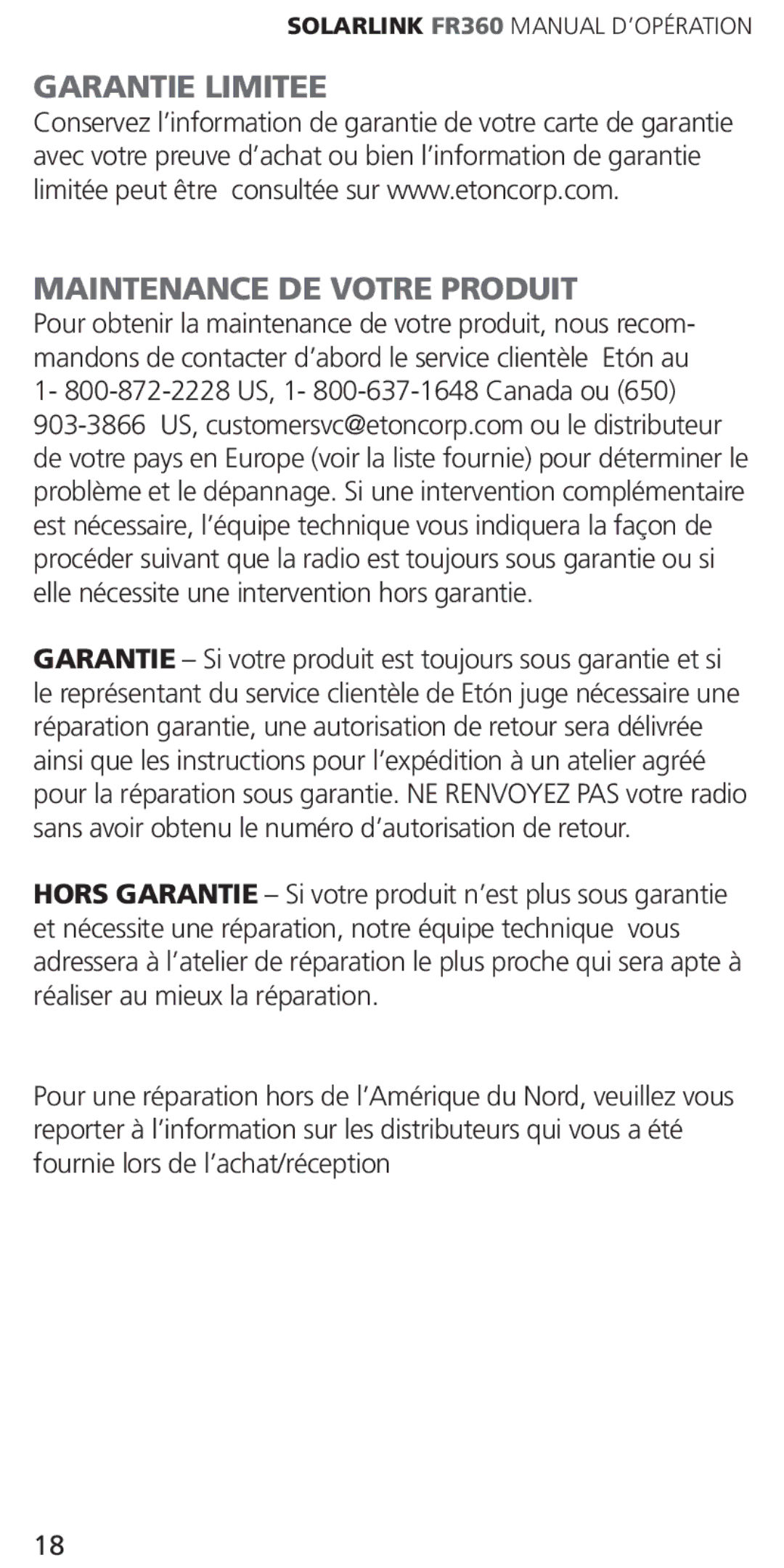 Eton ARCFR360WXW WHT, ARCFR360WXR RED owner manual Garantie Limitee Maintenance DE Votre Produit 