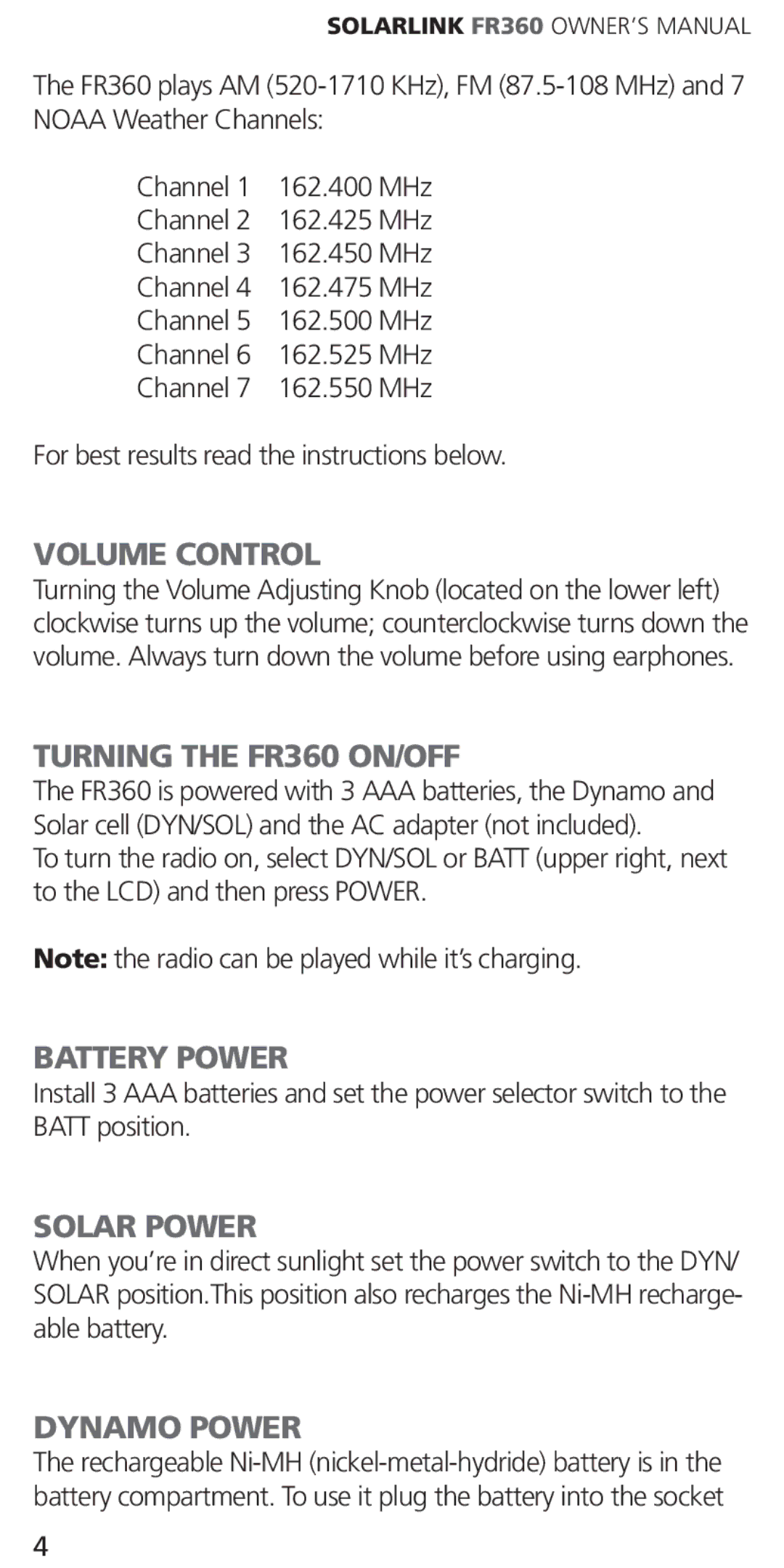 Eton ARCFR360WXW WHT, ARCFR360WXR RED Volume Control, Turning the FR360 ON/OFF, Battery Power, Solar Power, Dynamo Power 