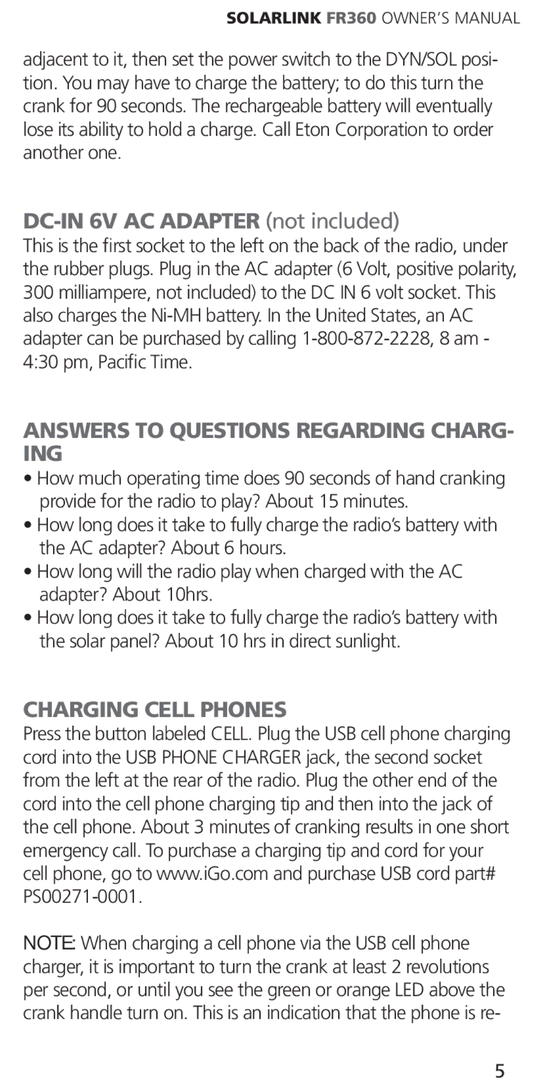 Eton ARCFR360WXR RED, ARCFR360WXW WHT owner manual Answers to Questions Regarding CHARG- ING, Charging Cell Phones 