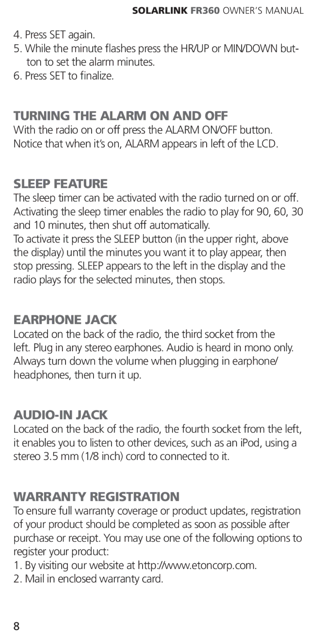 Eton ARCFR360WXR RED Turning the Alarm on and OFF, Sleep Feature, Earphone Jack, AUDIO-IN Jack, Warranty Registration 