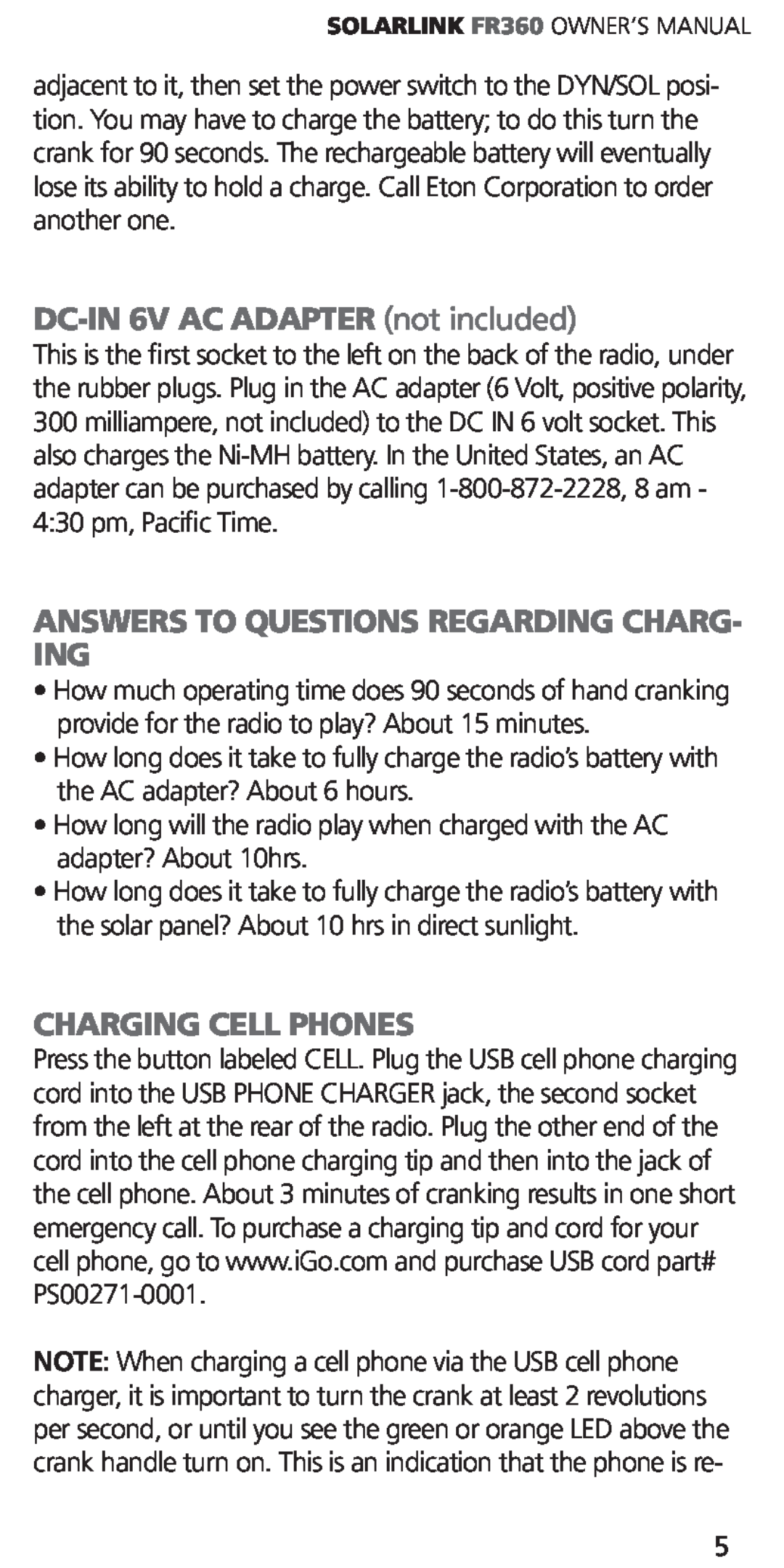 Eton ARCFR360WXR RED DC-IN6V AC ADAPTER not included, Answers To Questions Regarding Charg- Ing, Charging Cell Phones 