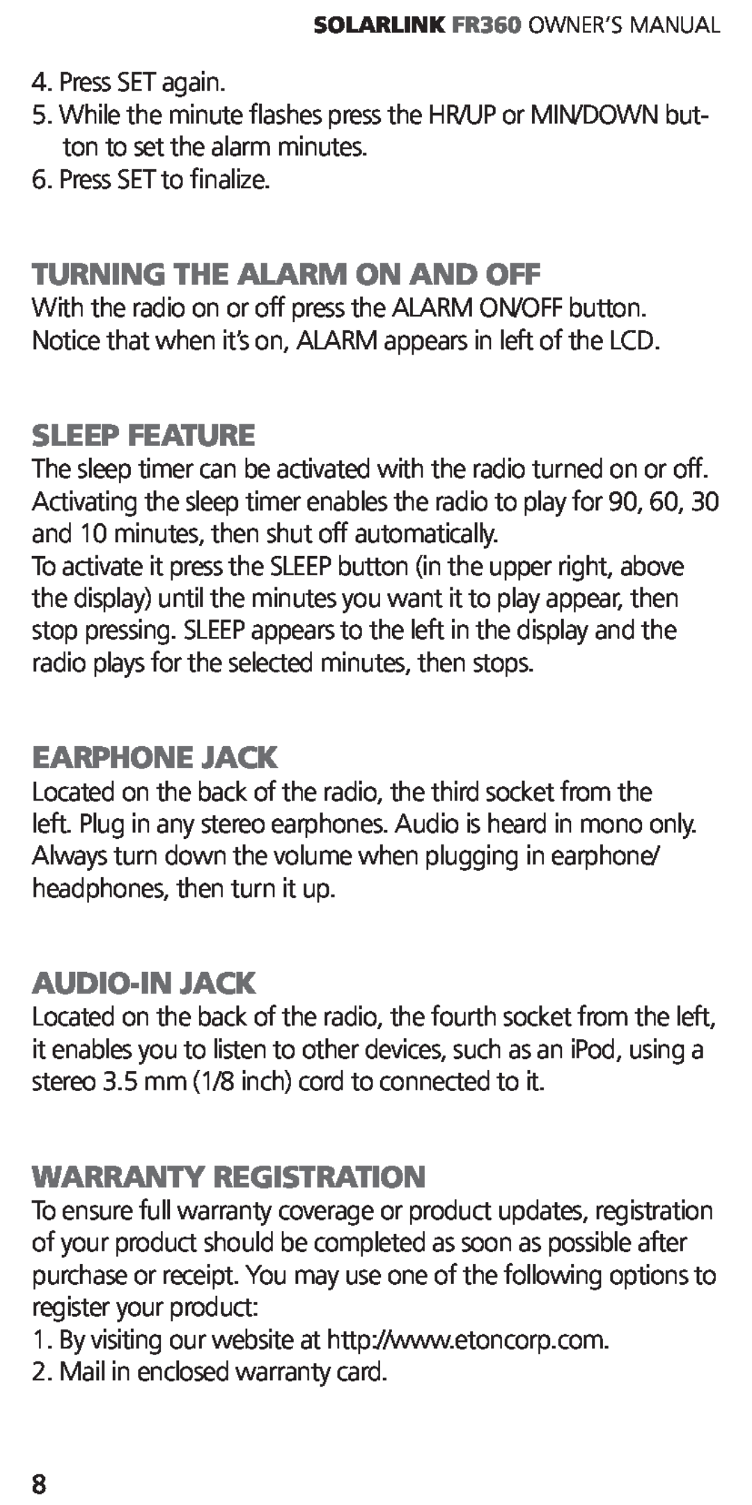 Eton ARCFR360WXR RED Turning The Alarm On And Off, Sleep Feature, Earphone Jack, Audio-Injack, Warranty Registration 