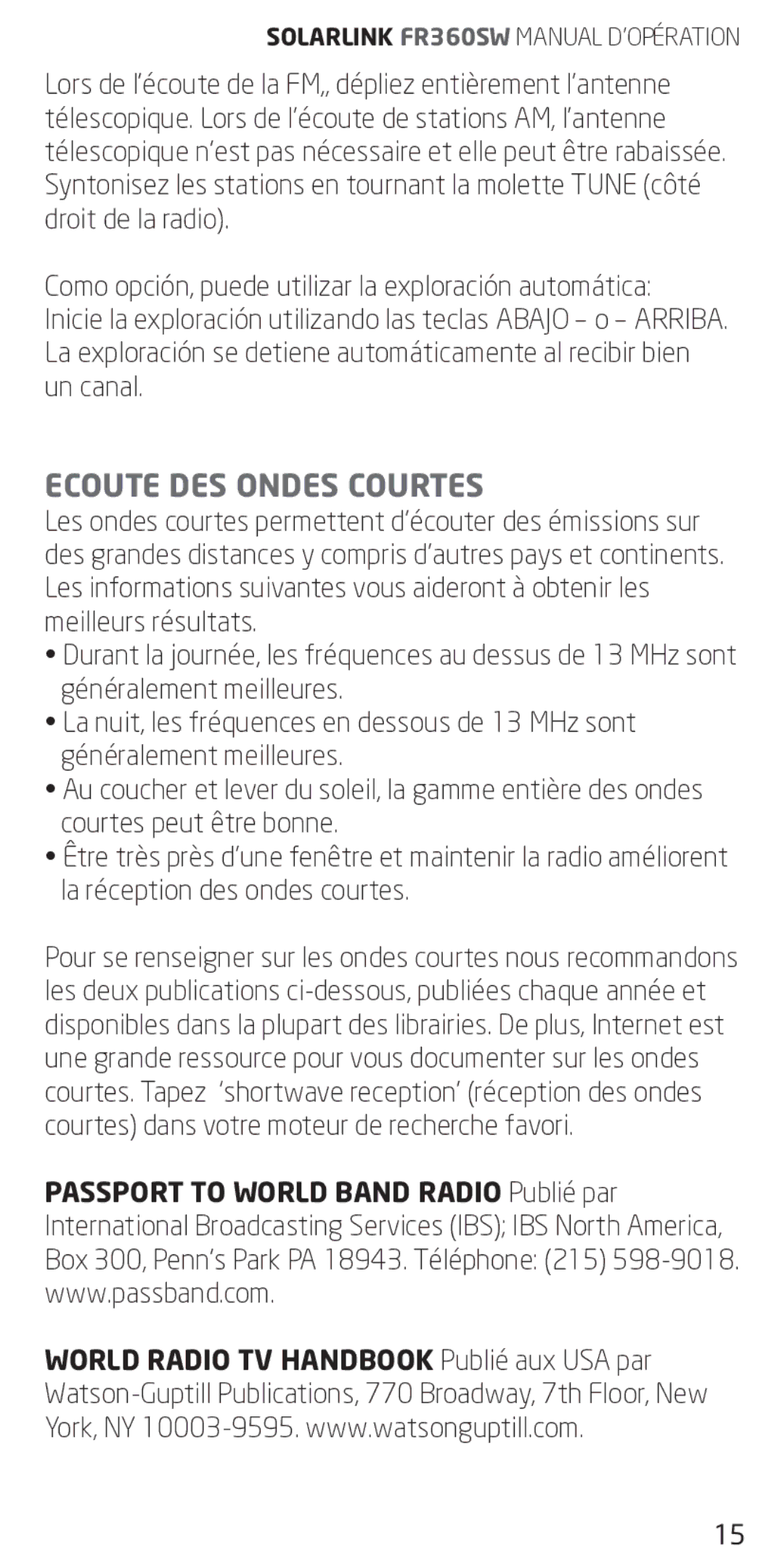 Eton FR360 owner manual Ecoute DES Ondes Courtes 