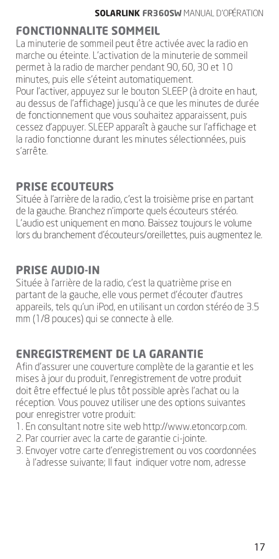 Eton FR360 owner manual Fonctionnalite Sommeil, Prise Ecouteurs, Prise AUDIO-IN, Enregistrement DE LA Garantie 