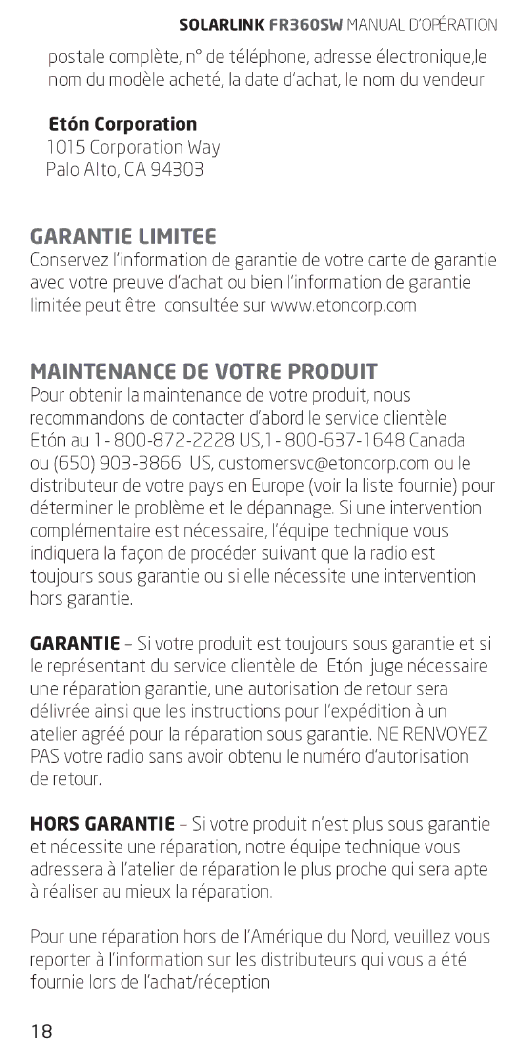 Eton FR360 owner manual Garantie Limitee Maintenance DE Votre Produit, Etón Corporation 