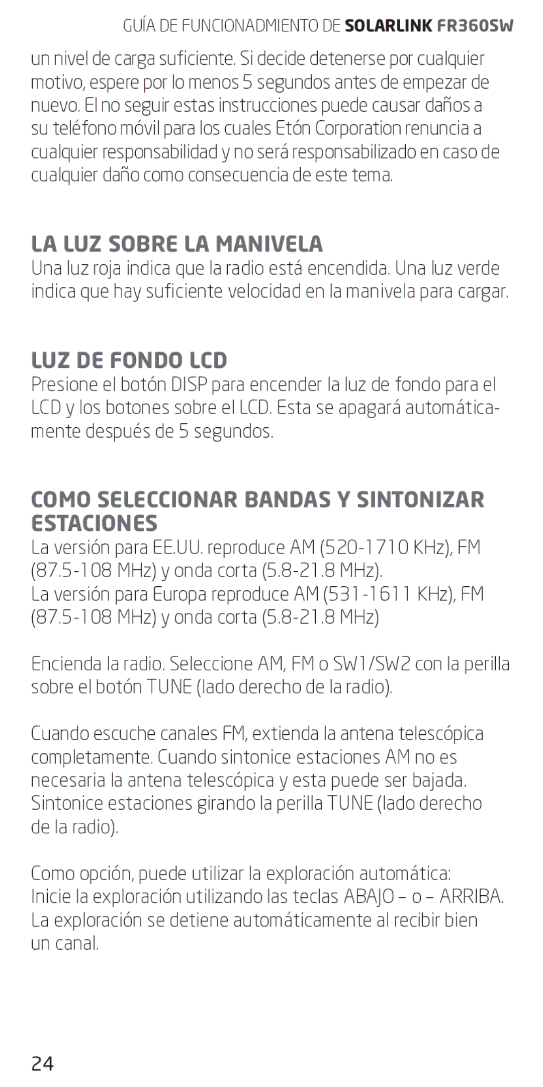 Eton FR360 owner manual LA LUZ Sobre LA Manivela, LUZ DE Fondo LCD, Como Seleccionar Bandas Y Sintonizar Estaciones 