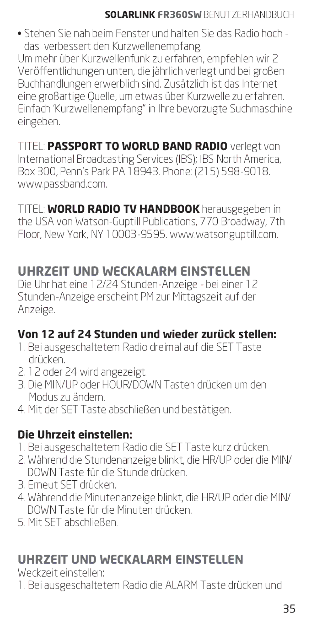 Eton FR360 Uhrzeit UND Weckalarm Einstellen, Von 12 auf 24 Stunden und wieder zurück stellen, Die Uhrzeit einstellen 