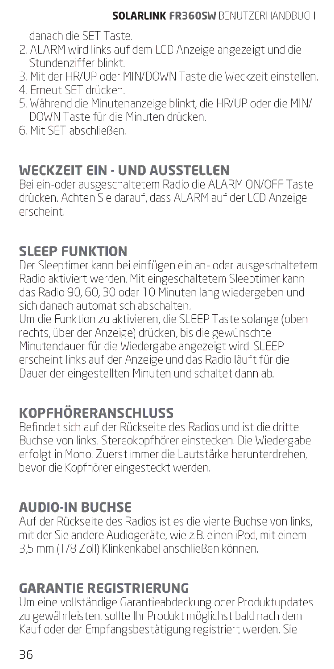 Eton FR360 Weckzeit EIN UND Ausstellen, Sleep Funktion, KopfhÖreranschluss, AUDIO-IN Buchse, Garantie Registrierung 