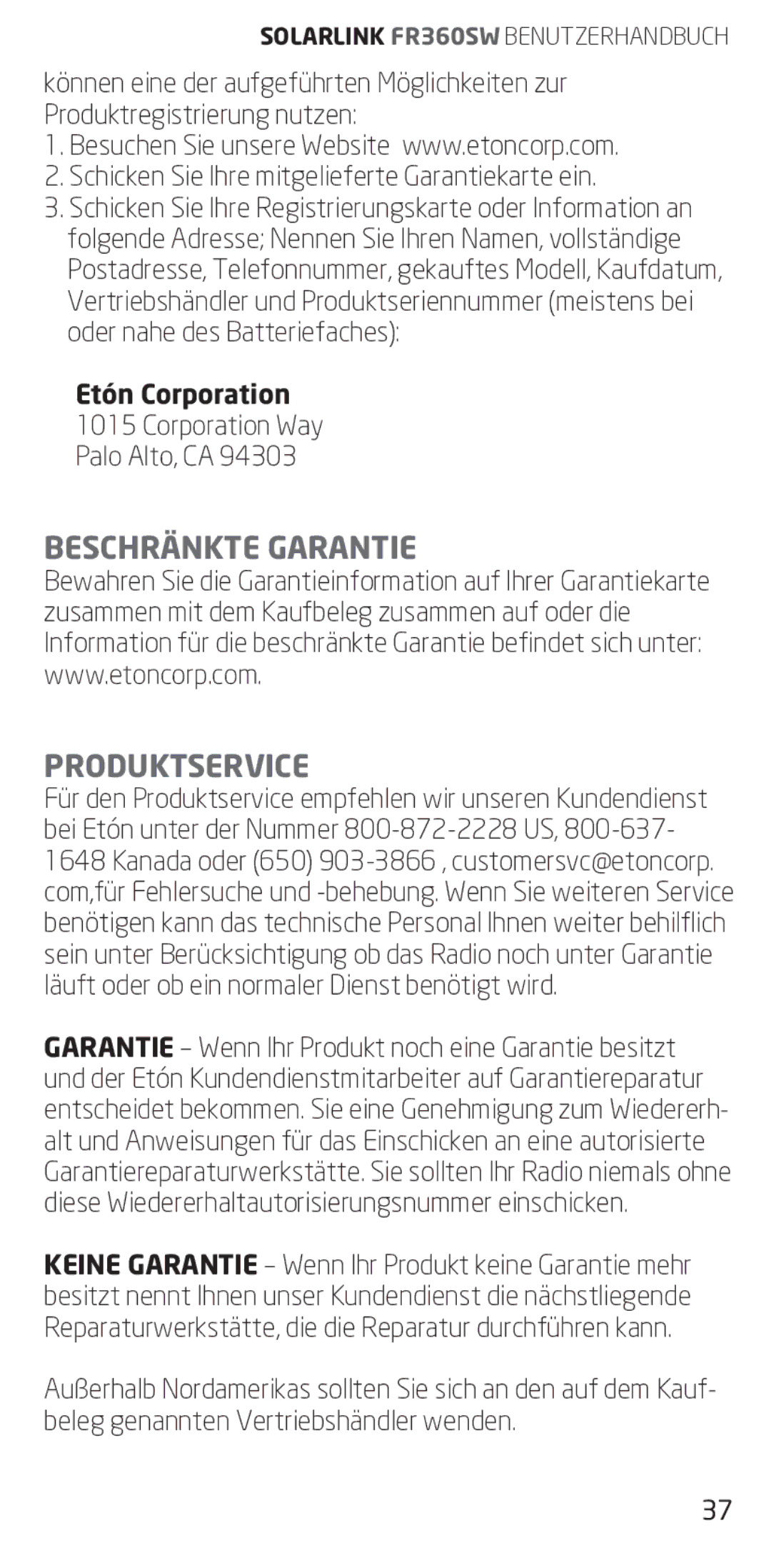 Eton FR360 owner manual Beschränkte Garantie Produktservice, Etón Corporation 