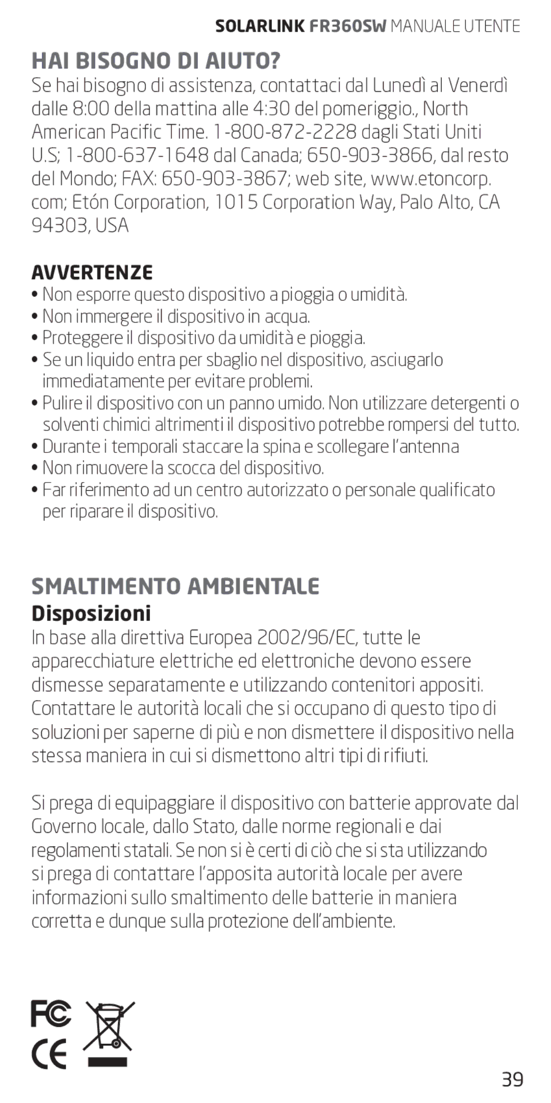 Eton FR360 owner manual HAI Bisogno DI AIUTO?, Smaltimento ambientale 