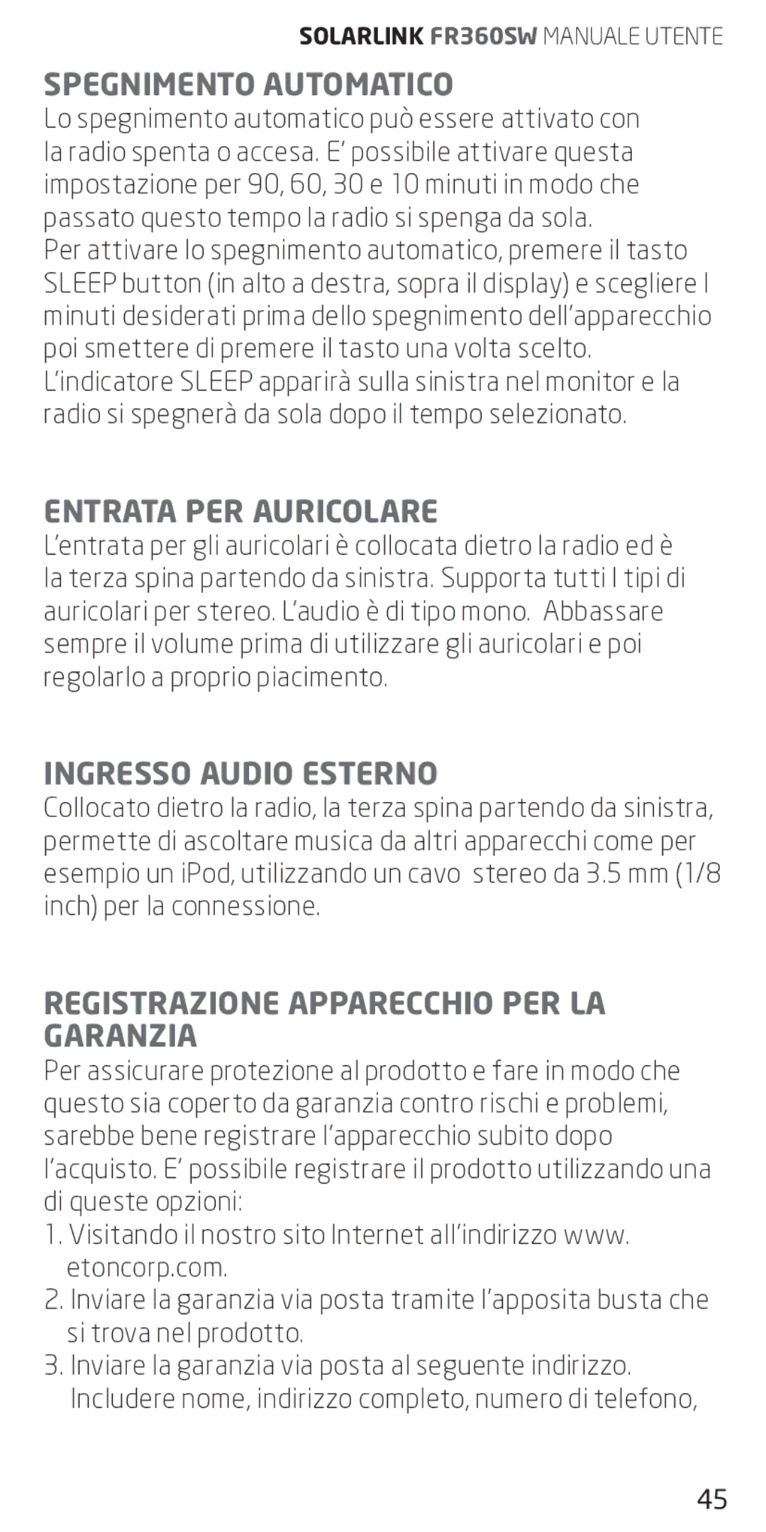 Eton FR360 owner manual Spegnimento Automatico, Entrata PER Auricolare, Ingresso Audio Esterno 