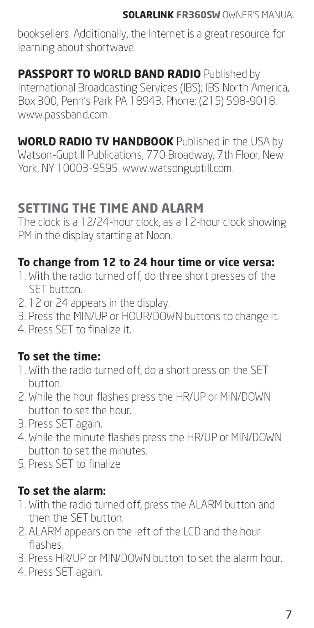 Eton FR360 Setting the Time and Alarm, To change from 12 to 24 hour time or vice versa, To set the time, To set the alarm 