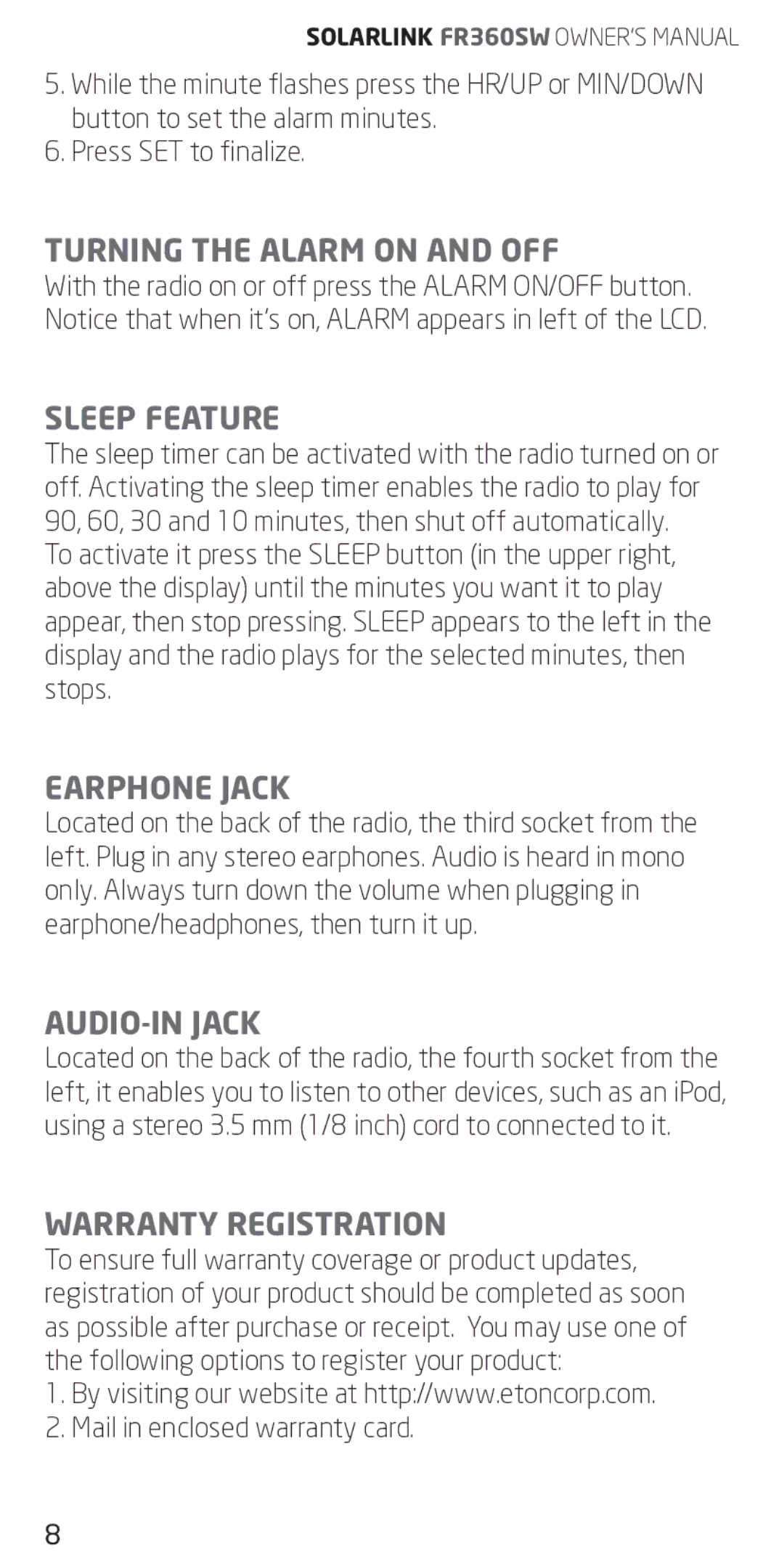 Eton FR360 owner manual Turning the Alarm on and OFF, Sleep Feature, Earphone Jack, AUDIO-IN Jack, Warranty Registration 