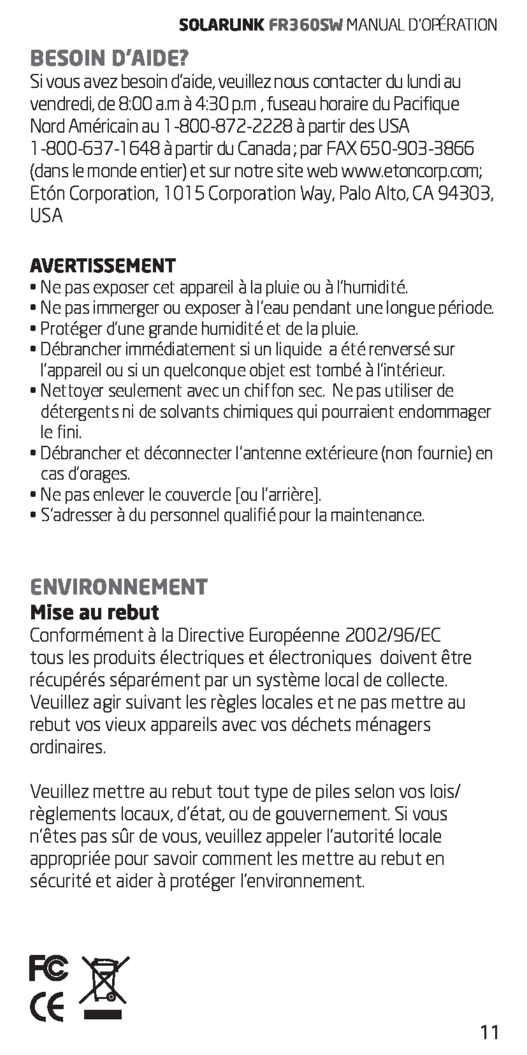 Eton FR360 owner manual Besoin D’Aide?, Environnement, Mise au rebut, Avertissement 